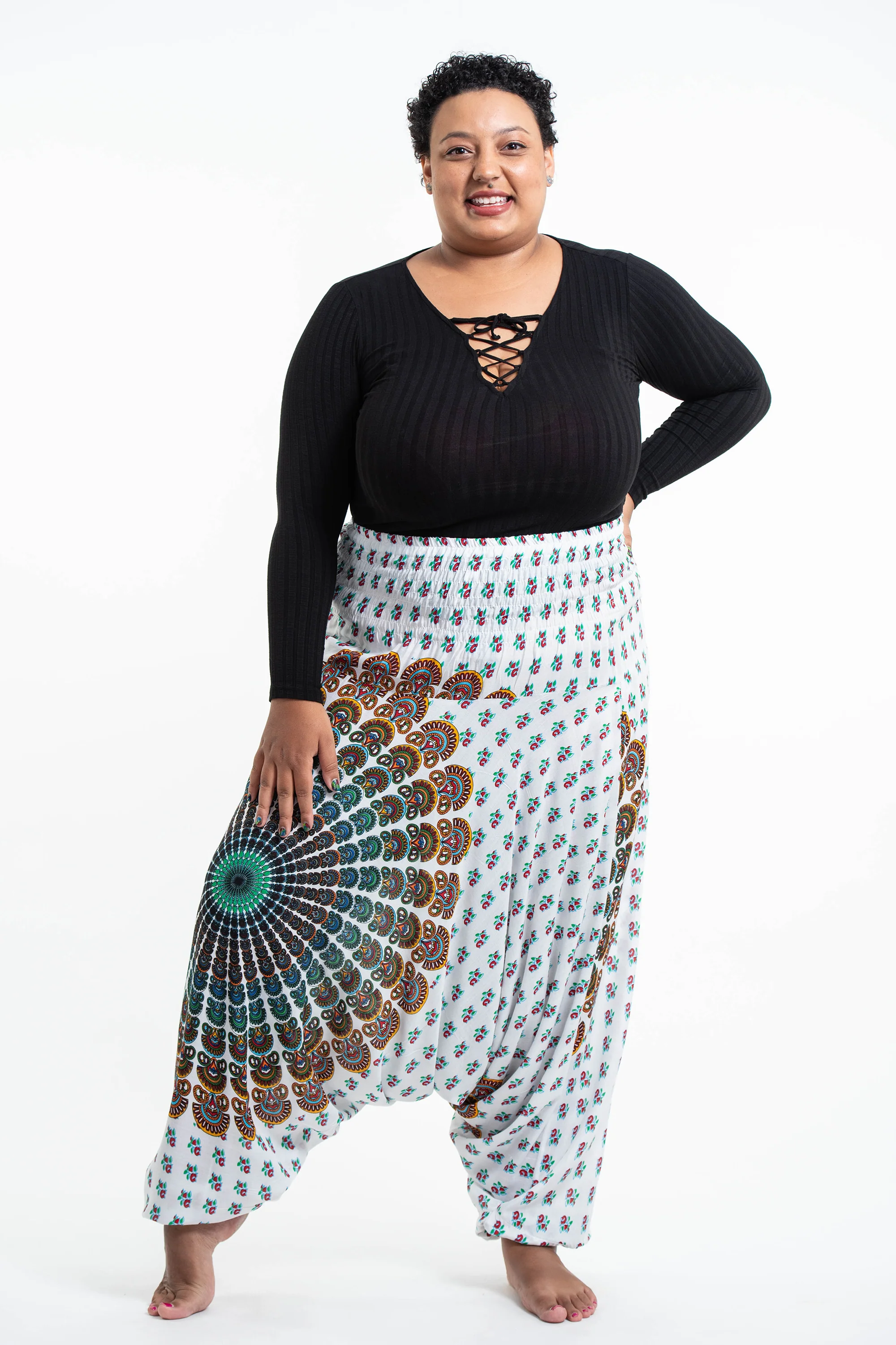 Plus Size Peacock Mandalas 2-in-1 Jumpsuit Harem Pants in White
