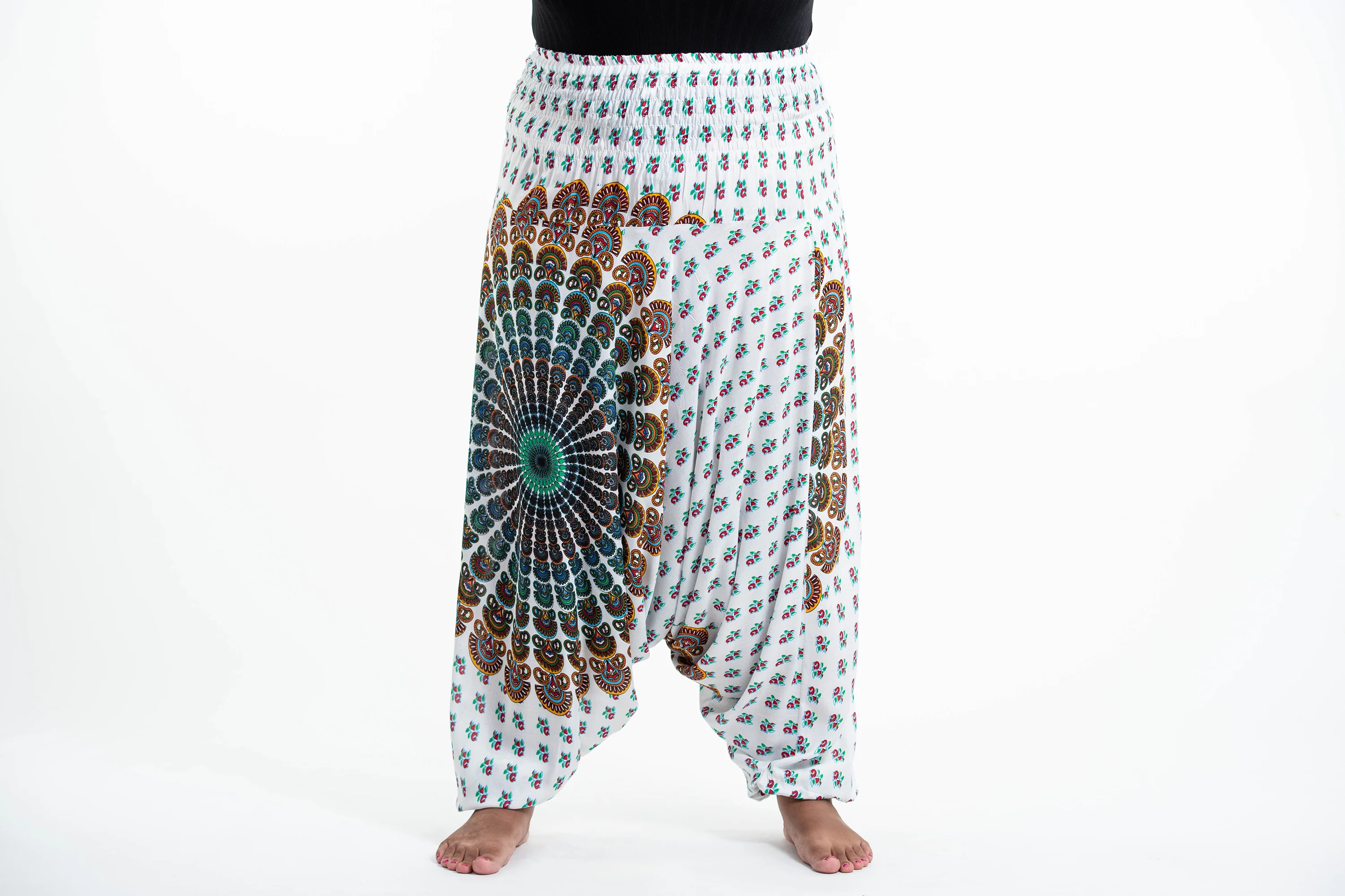 Plus Size Peacock Mandalas 2-in-1 Jumpsuit Harem Pants in White - Image 2