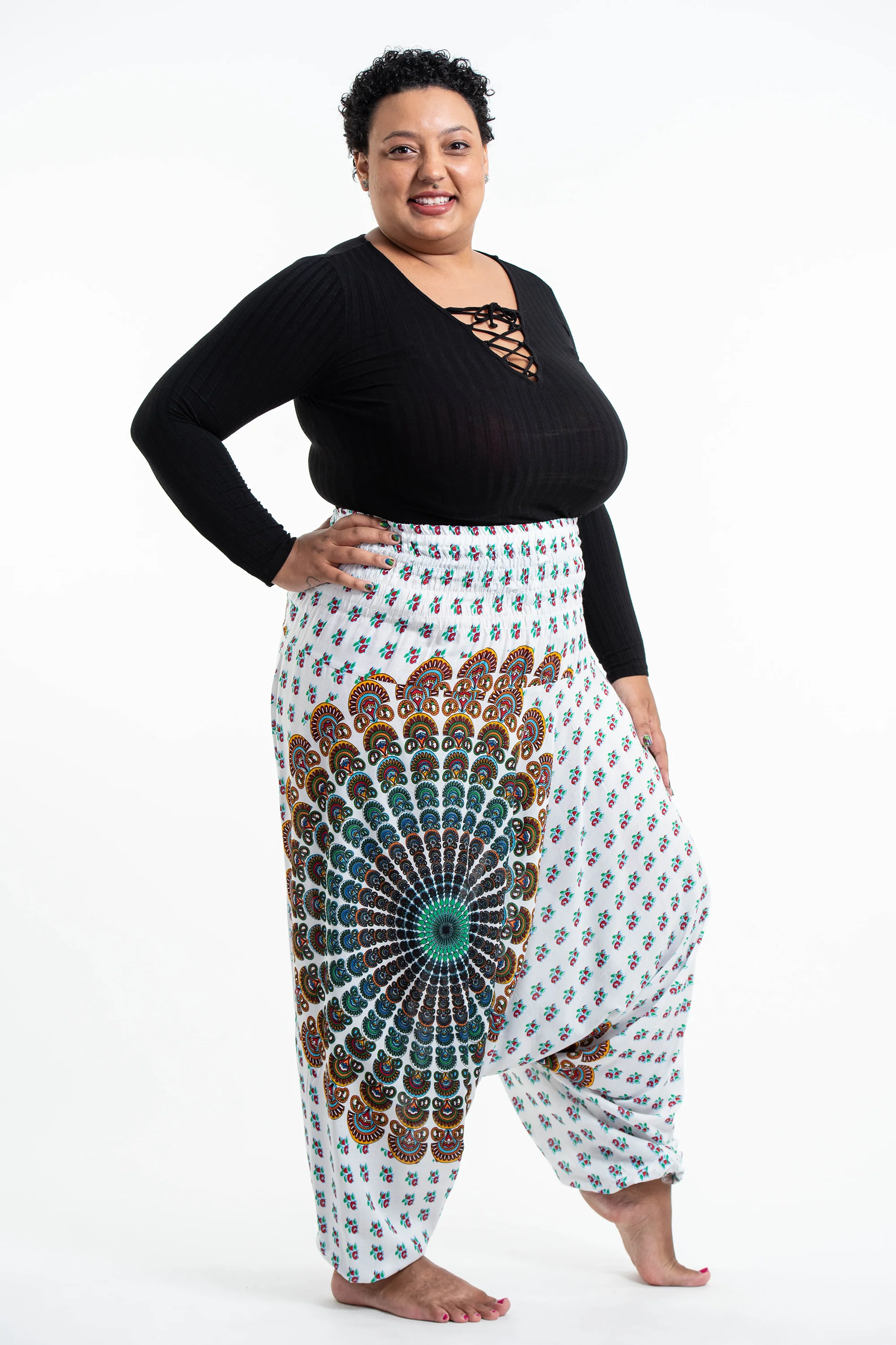Plus Size Peacock Mandalas 2-in-1 Jumpsuit Harem Pants in White - Image 3