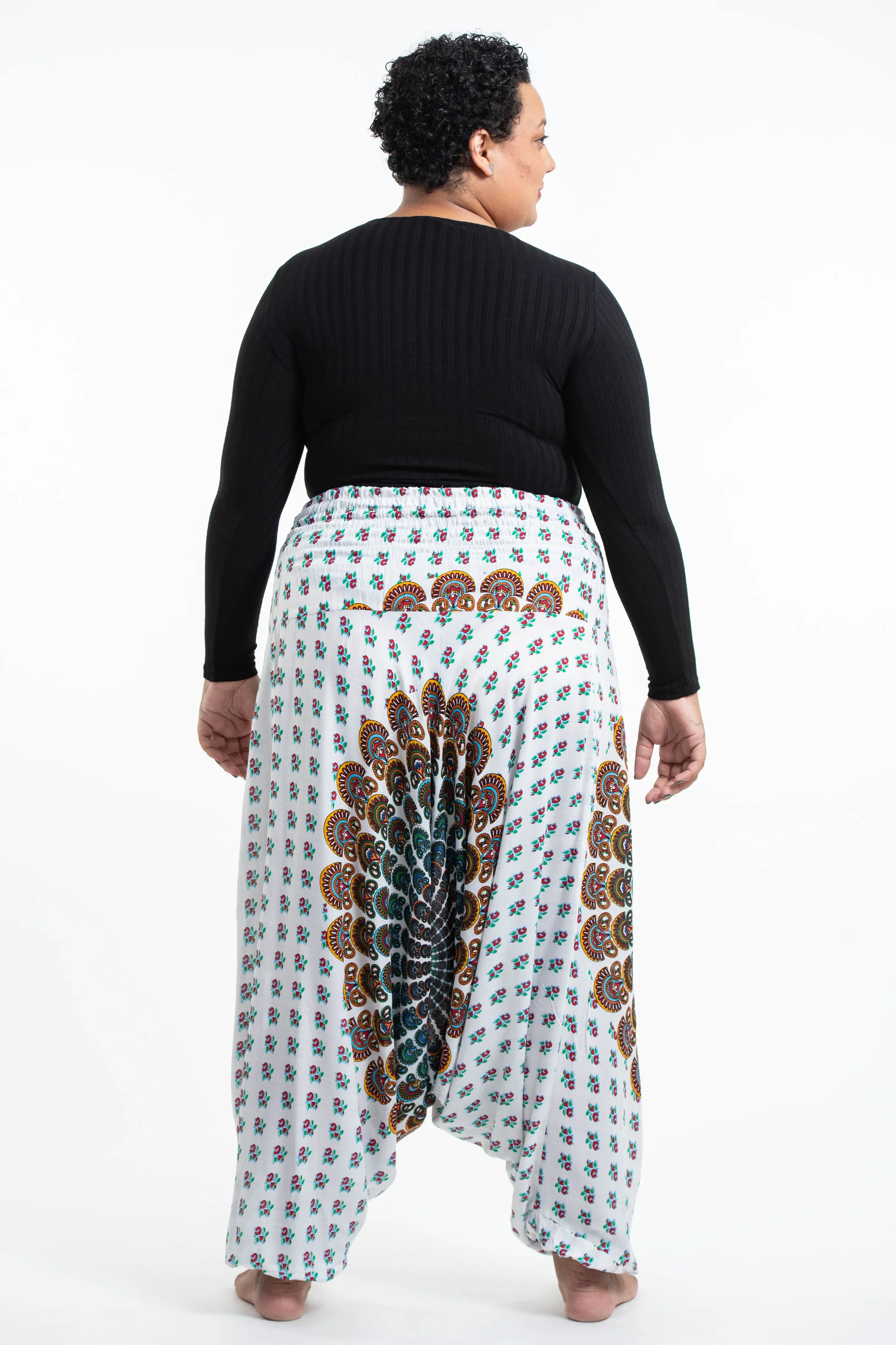 Plus Size Peacock Mandalas 2-in-1 Jumpsuit Harem Pants in White - Image 4