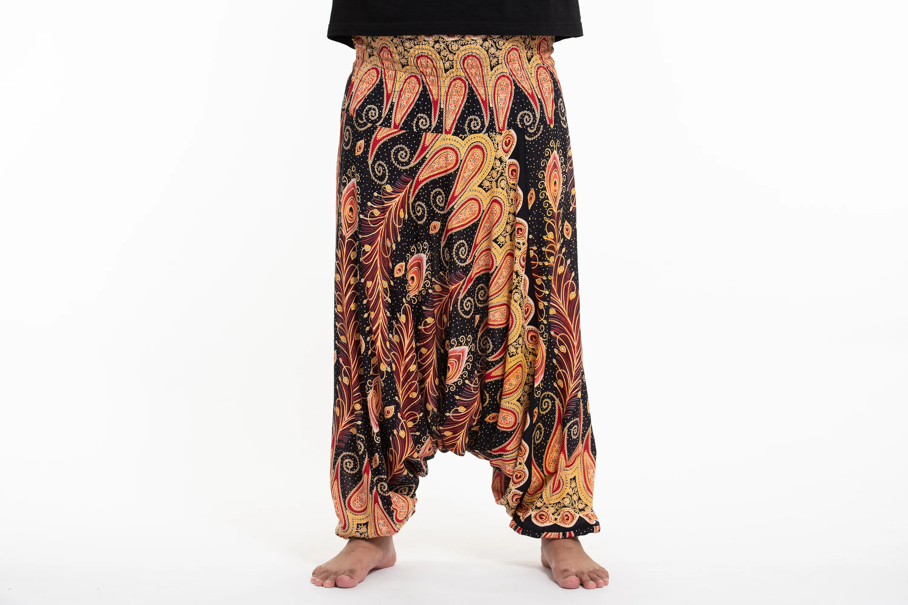 Plus Size Peacock Paisley Drop Crotch Men's Harem Pants in Black - Image 2