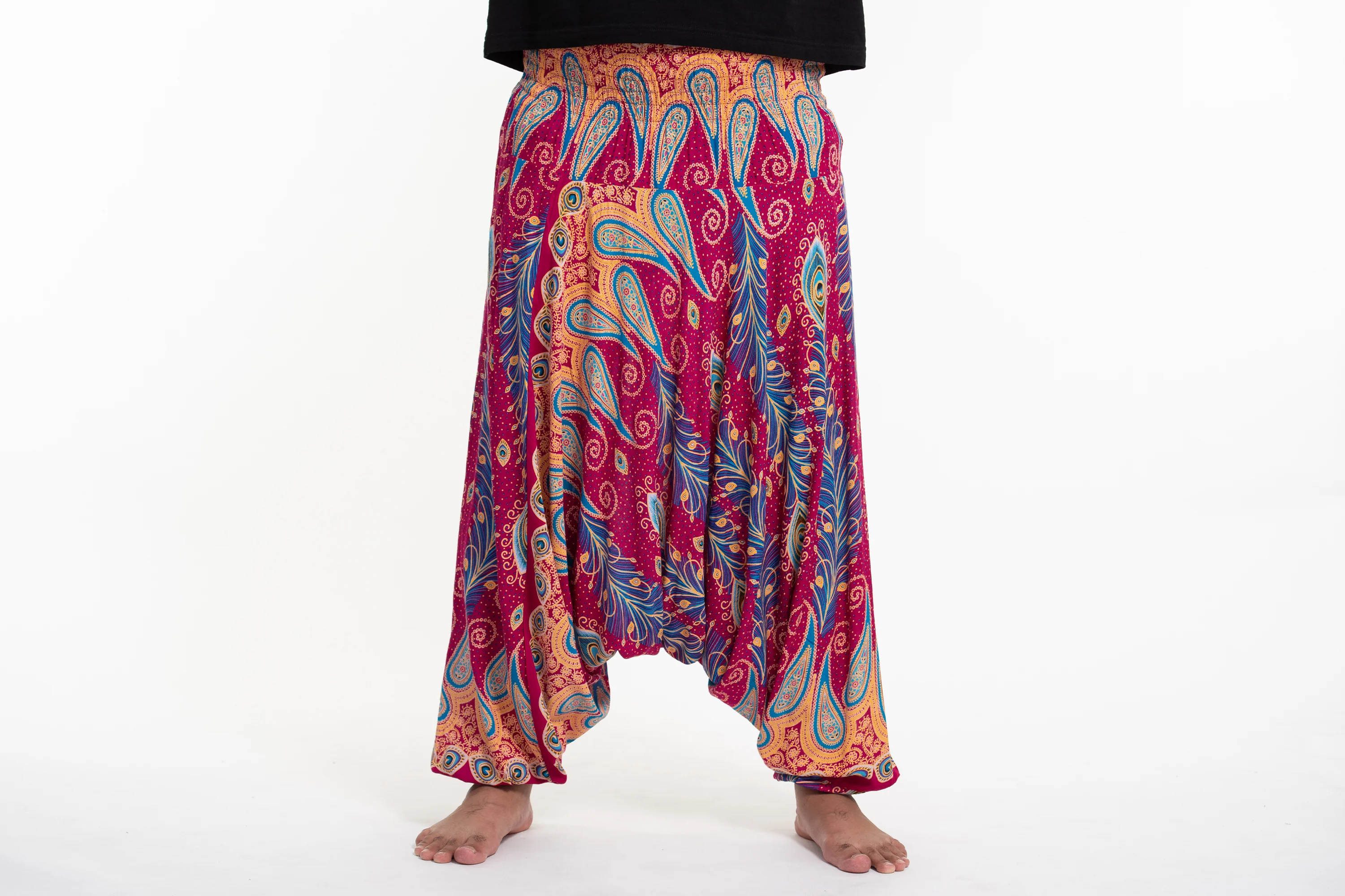 Plus Size Peacock Paisley Drop Crotch Men's Harem Pants in Pink - Image 2