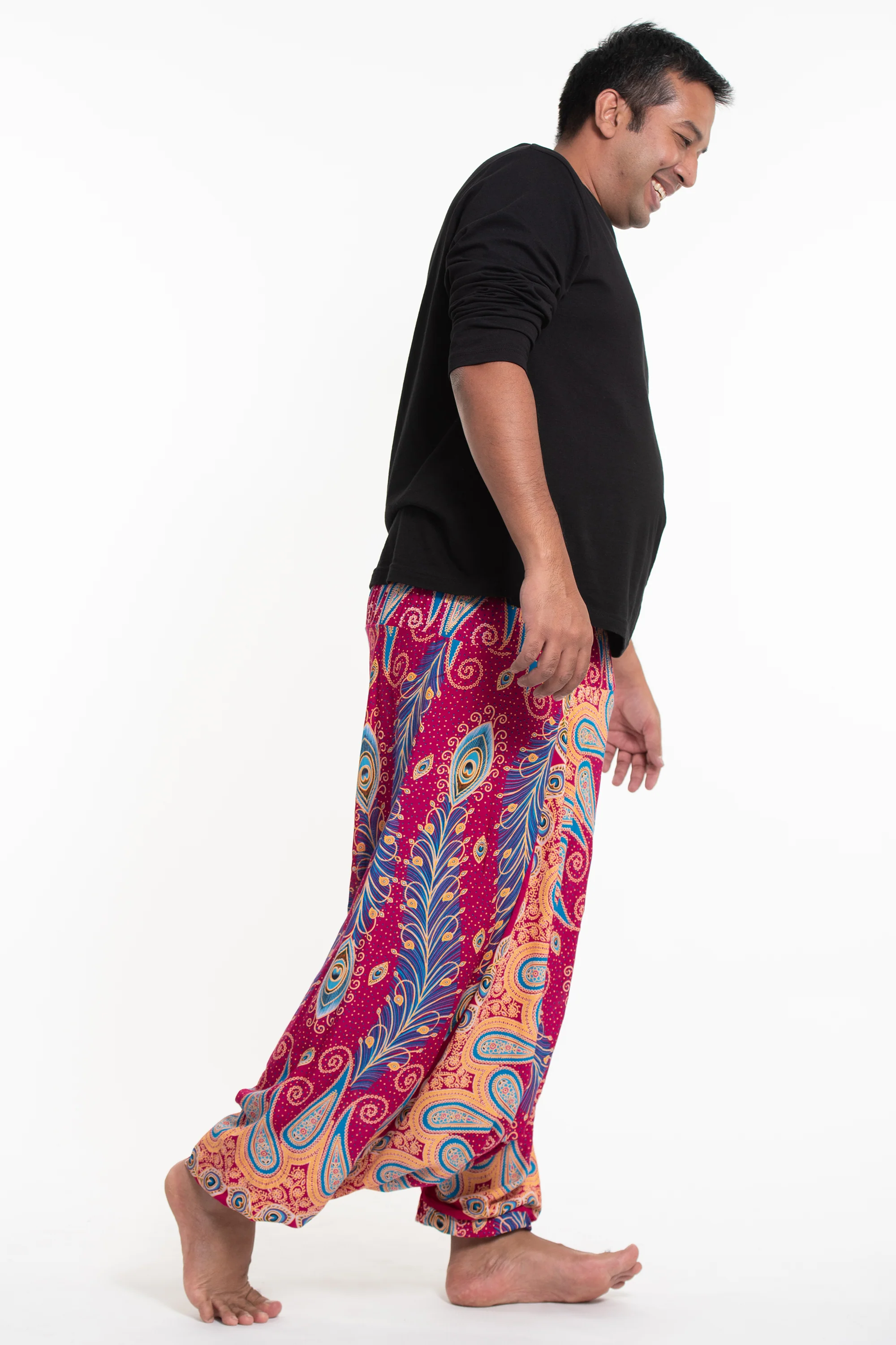 Plus Size Peacock Paisley Drop Crotch Men's Harem Pants in Pink - Image 3