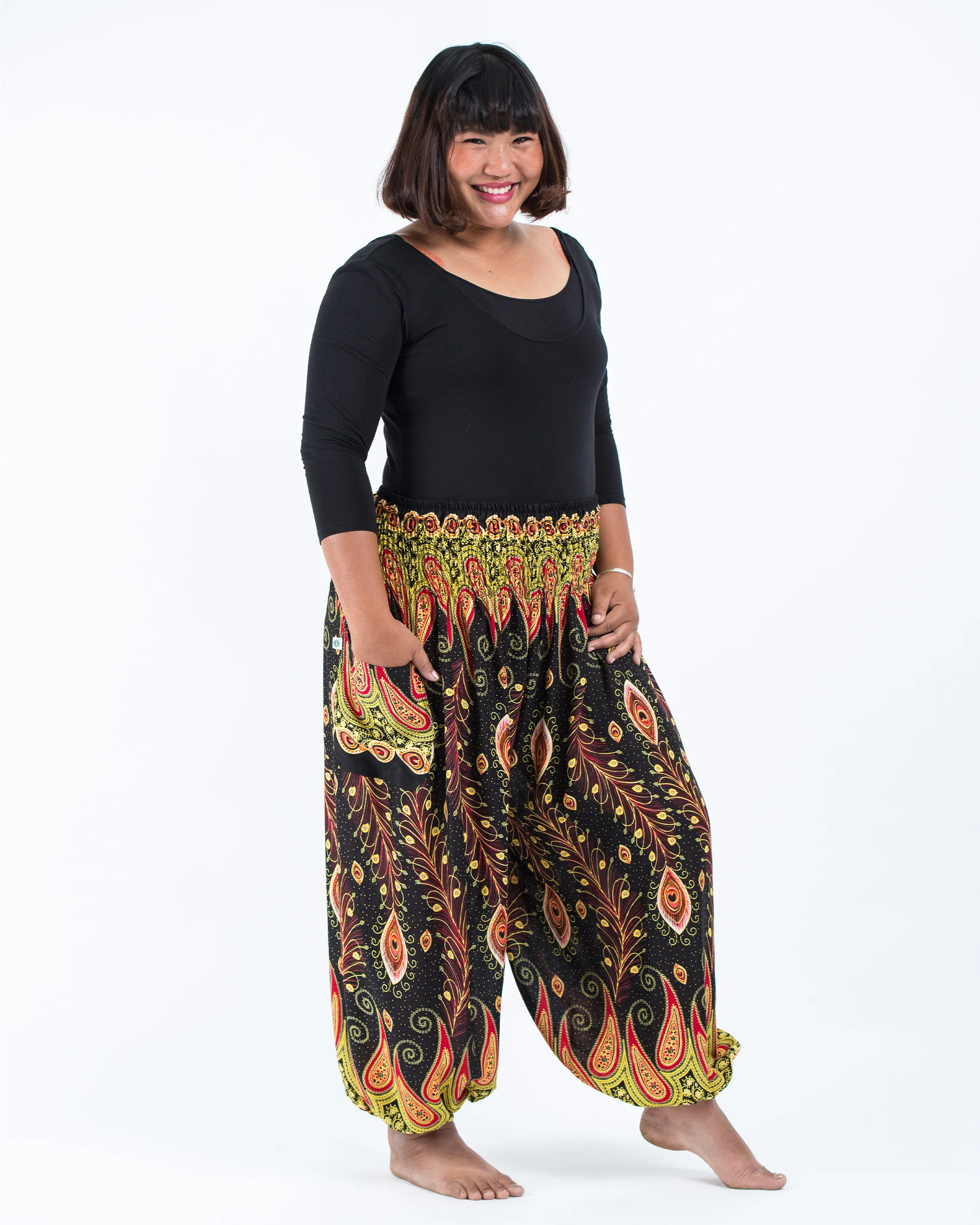 Plus Size Peacock Paisley Women's Harem Pants in Black - Image 3