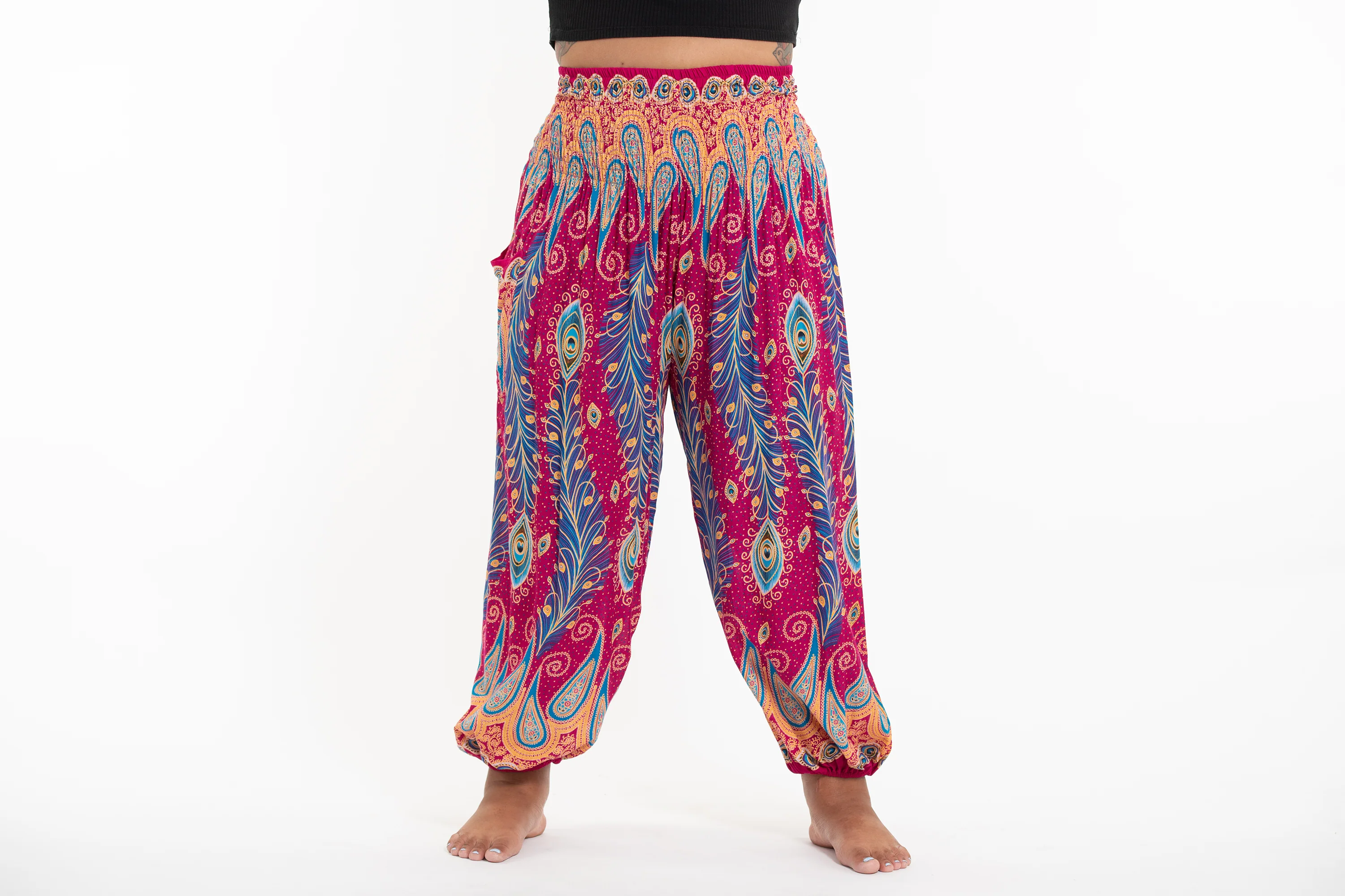 Plus Size Peacock Paisley Women's Harem Pants in Pink - Image 2