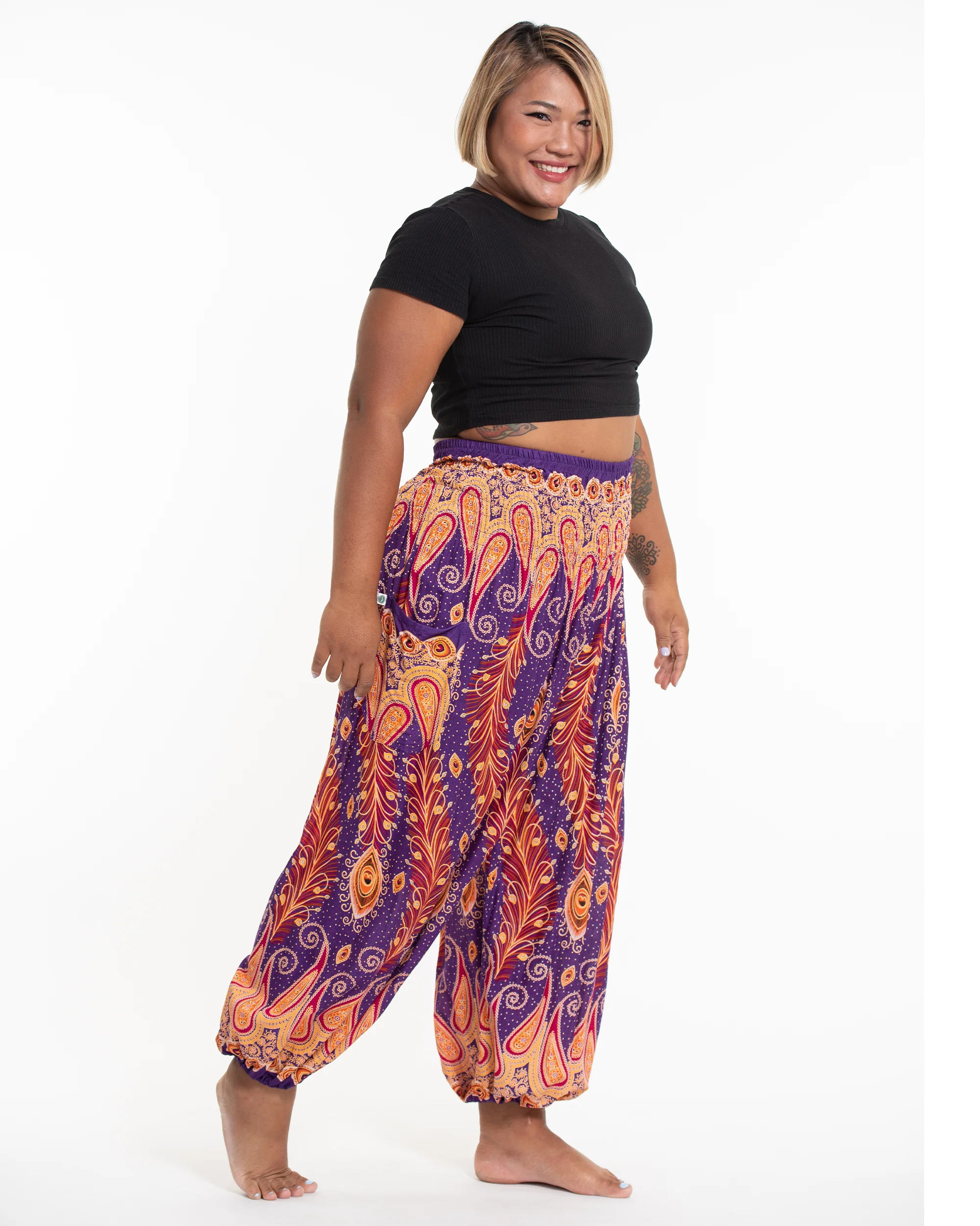 Plus Size Peacock Paisley Women's Harem Pants in Purple - Image 3