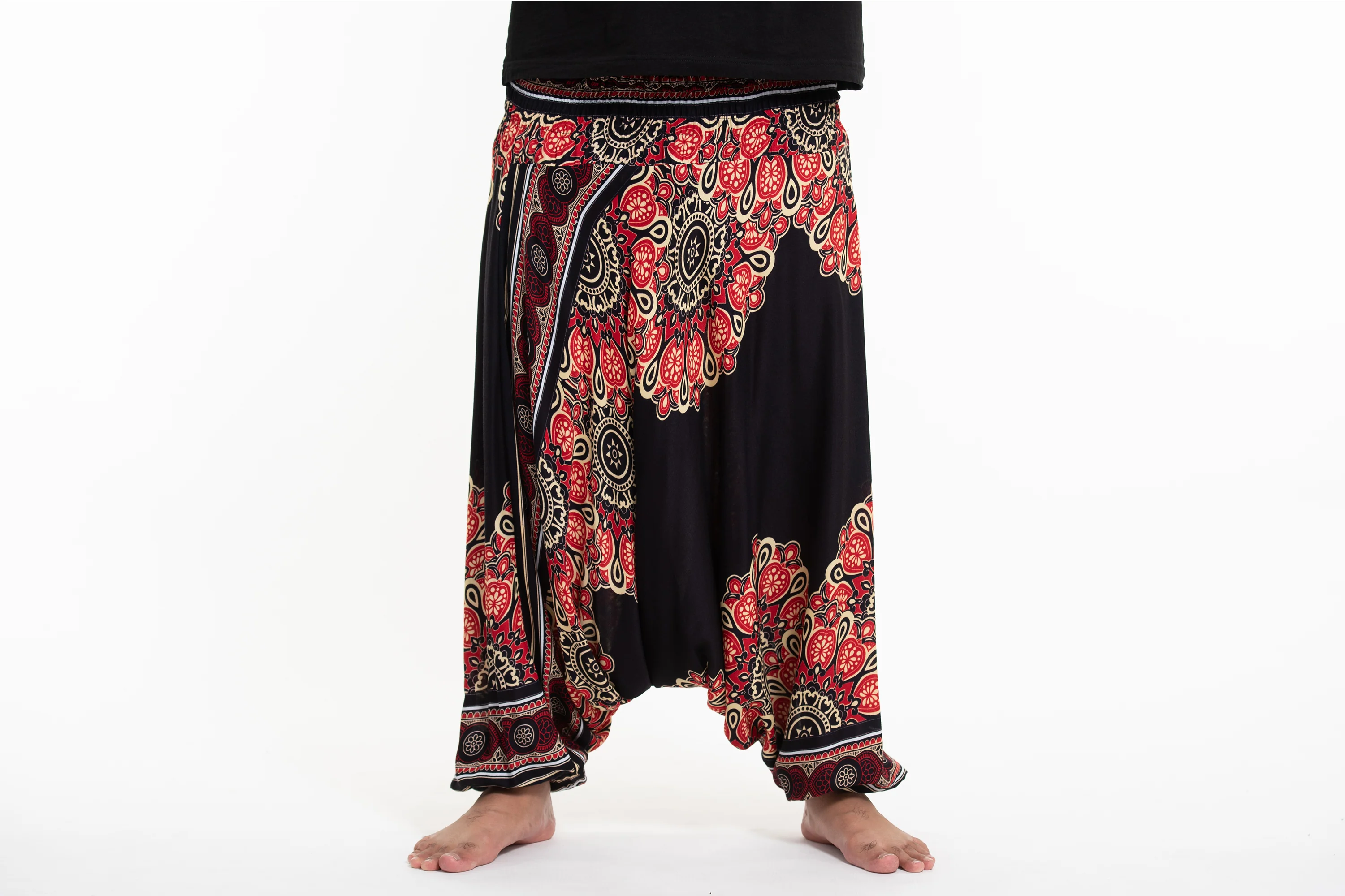 Plus Size Peony Mandalas Drop Crotch Men's Harem Pants in Black - Image 2