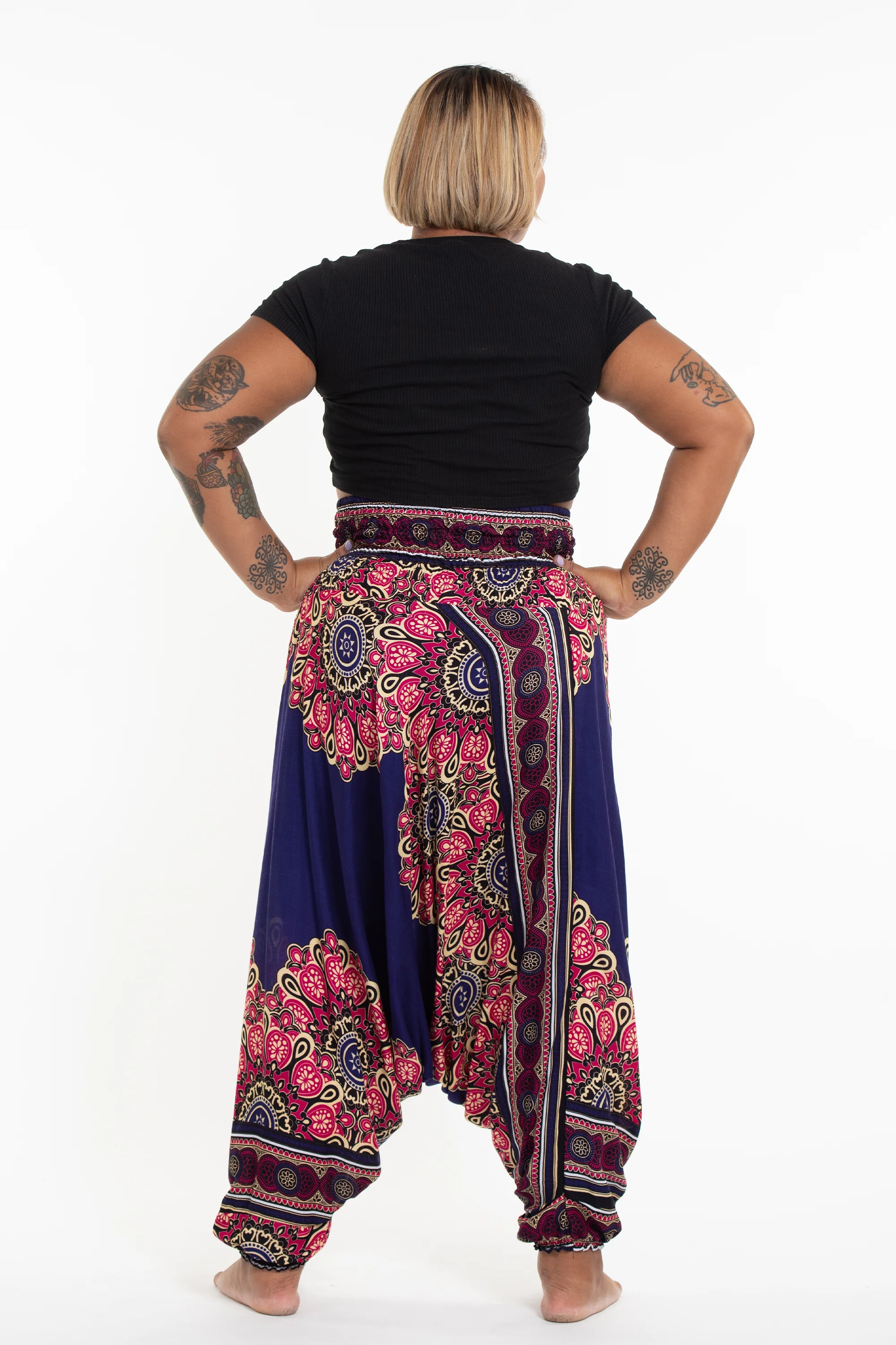 Plus Size Peony Mandalas 2-in-1 Jumpsuit Harem Pants in Indigo - Image 4