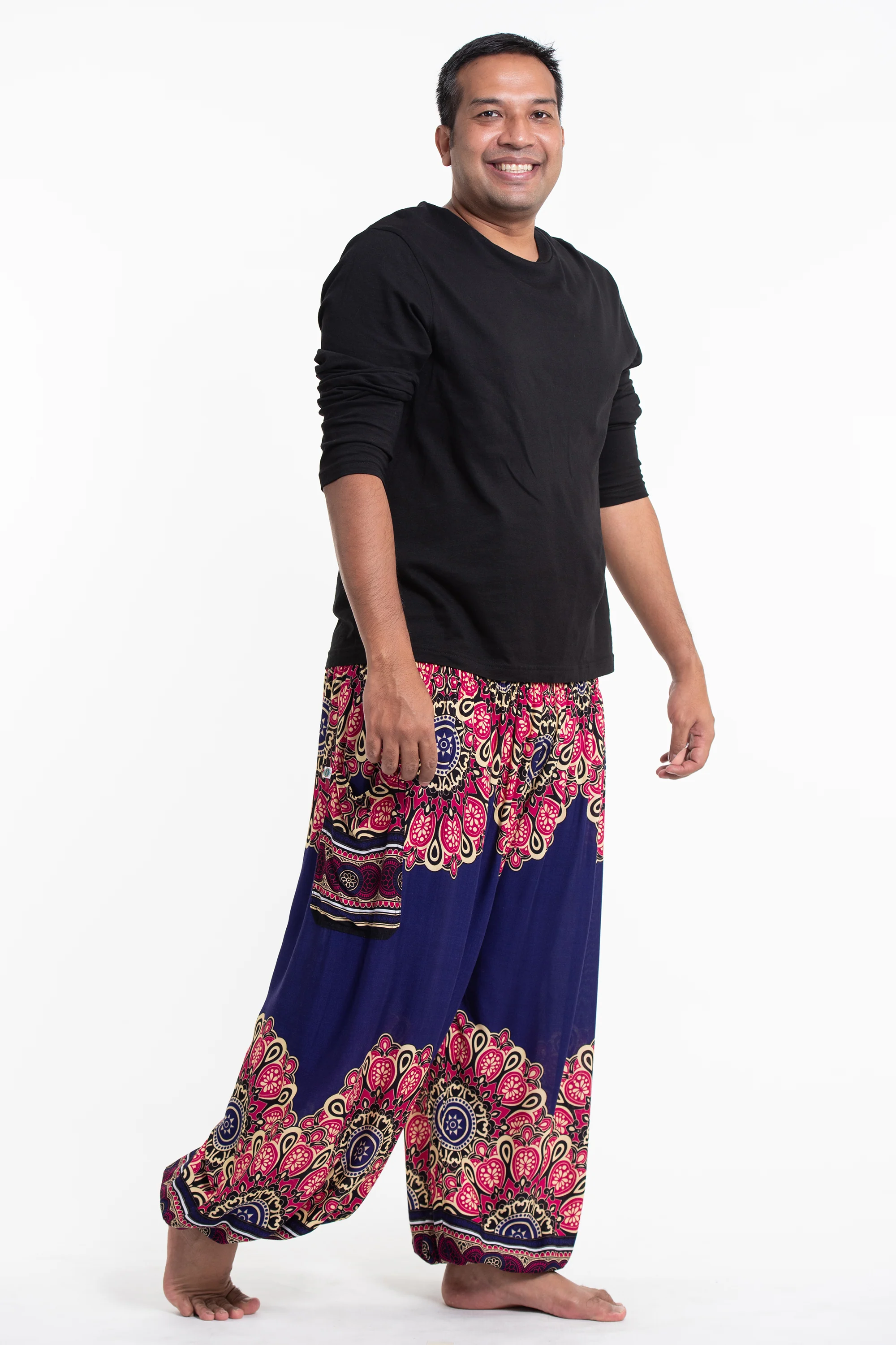 Plus Size Peony Mandalas Men's Harem Pants in Indigo - Image 3