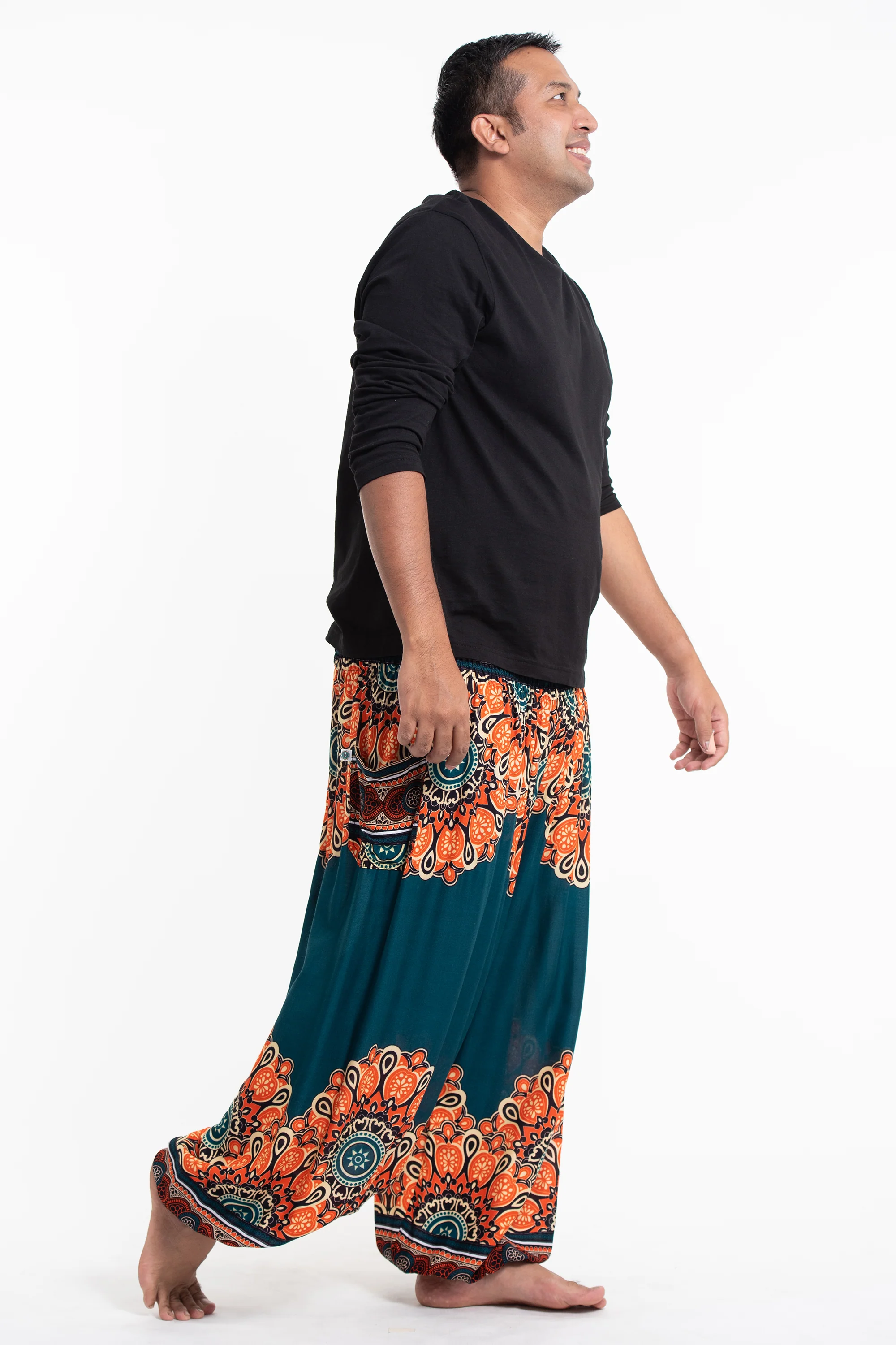 Plus Size Peony Mandalas Men's Harem Pants in Teal - Image 3