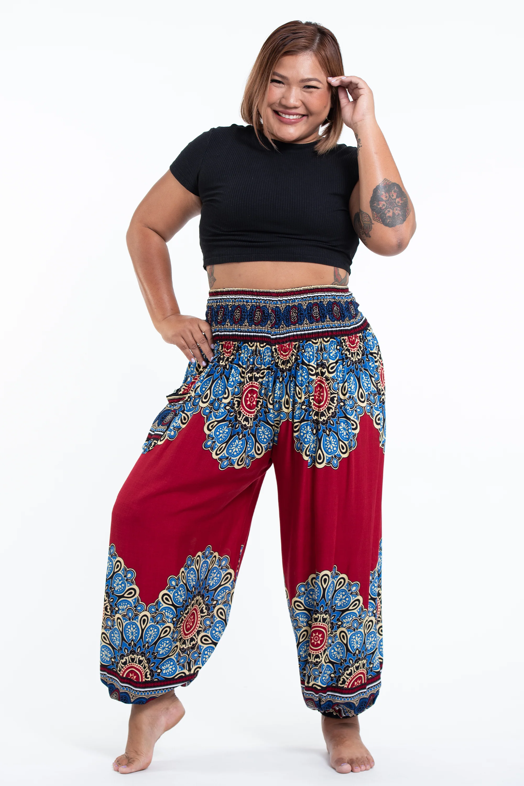Plus Size Peony Mandalas Women's Harem Pants in Red