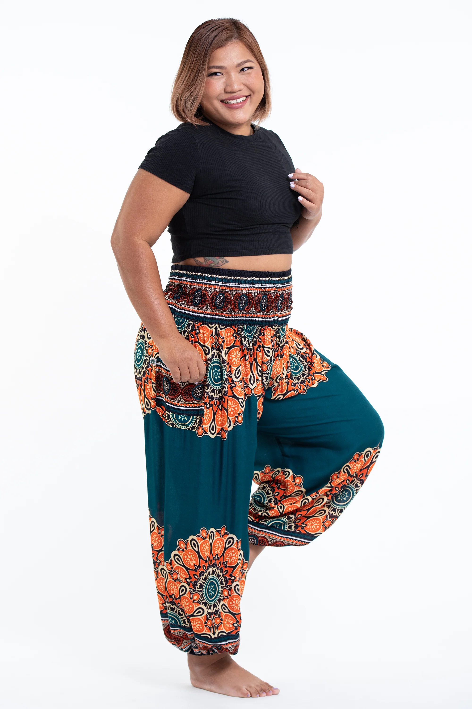 Plus Size Peony Mandalas Women's Harem Pants in Teal - Image 3