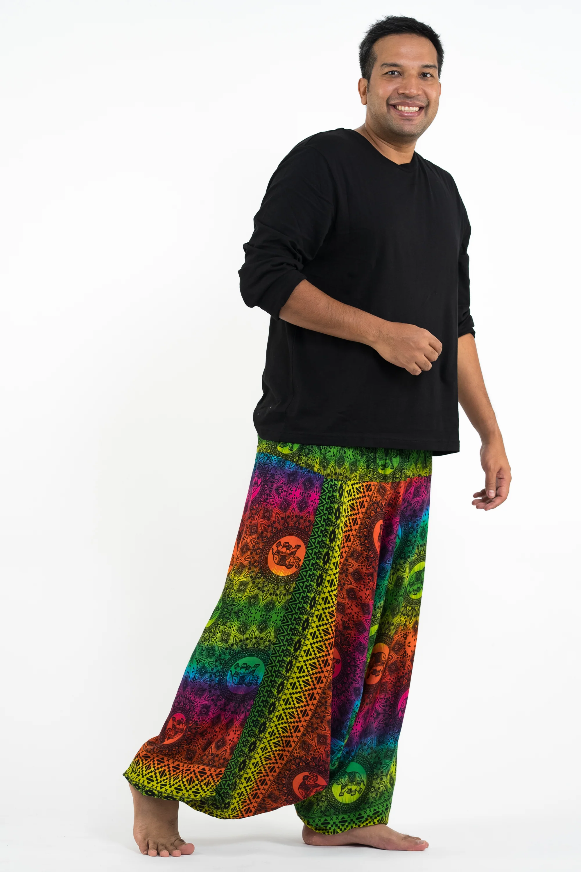 Plus Size Rainbow Elephant Drop Crotch Men's Elephant Pants in Green - Image 3