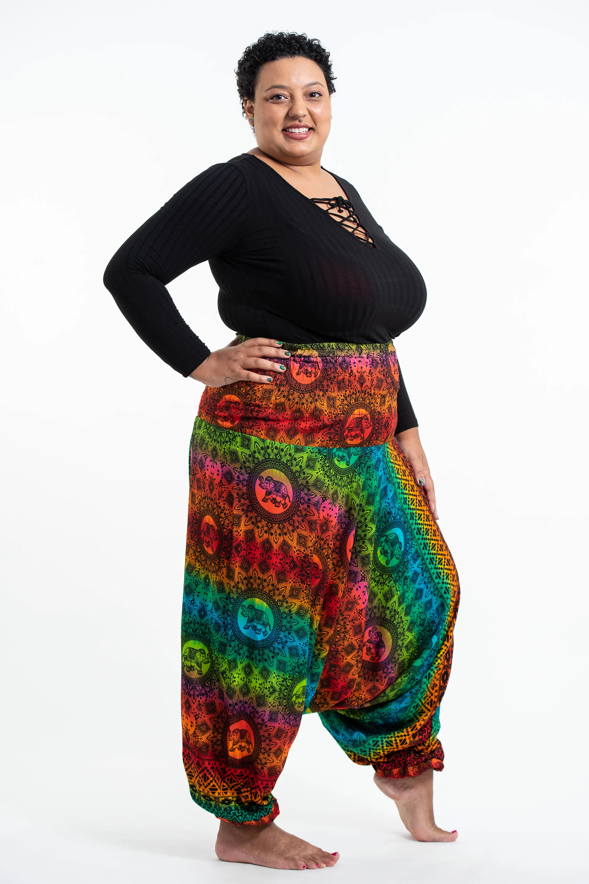 Plus Size Rainbow Elephant 2-in-1 Jumpsuit Elephant Pants in Orange - Image 3