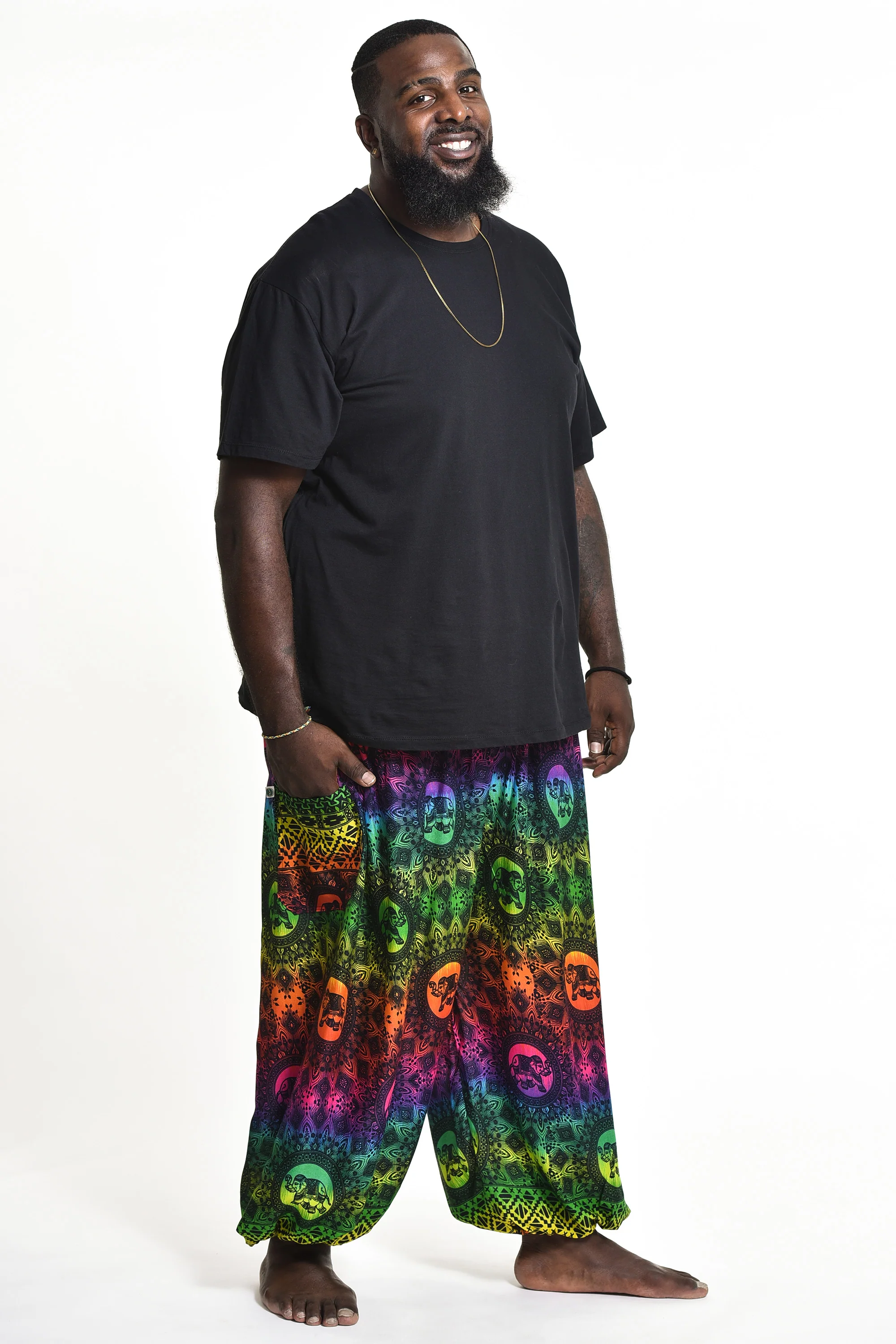 Plus Size Rainbow Elephant Men's Elephant Pants in Green - Image 3