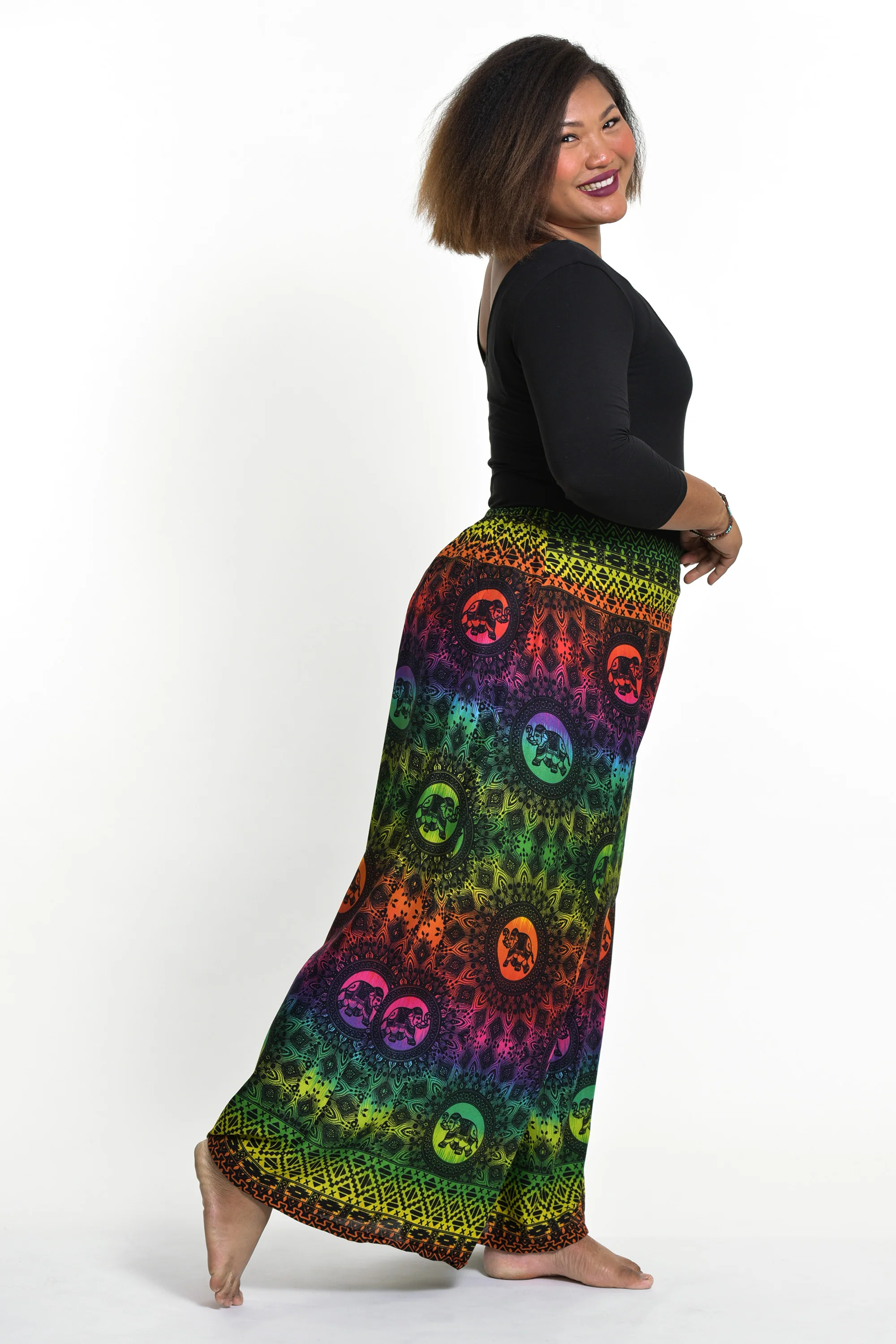 Plus Size Rainbow Elephant Palazzo Style Elephant Pants in Green - Image 3