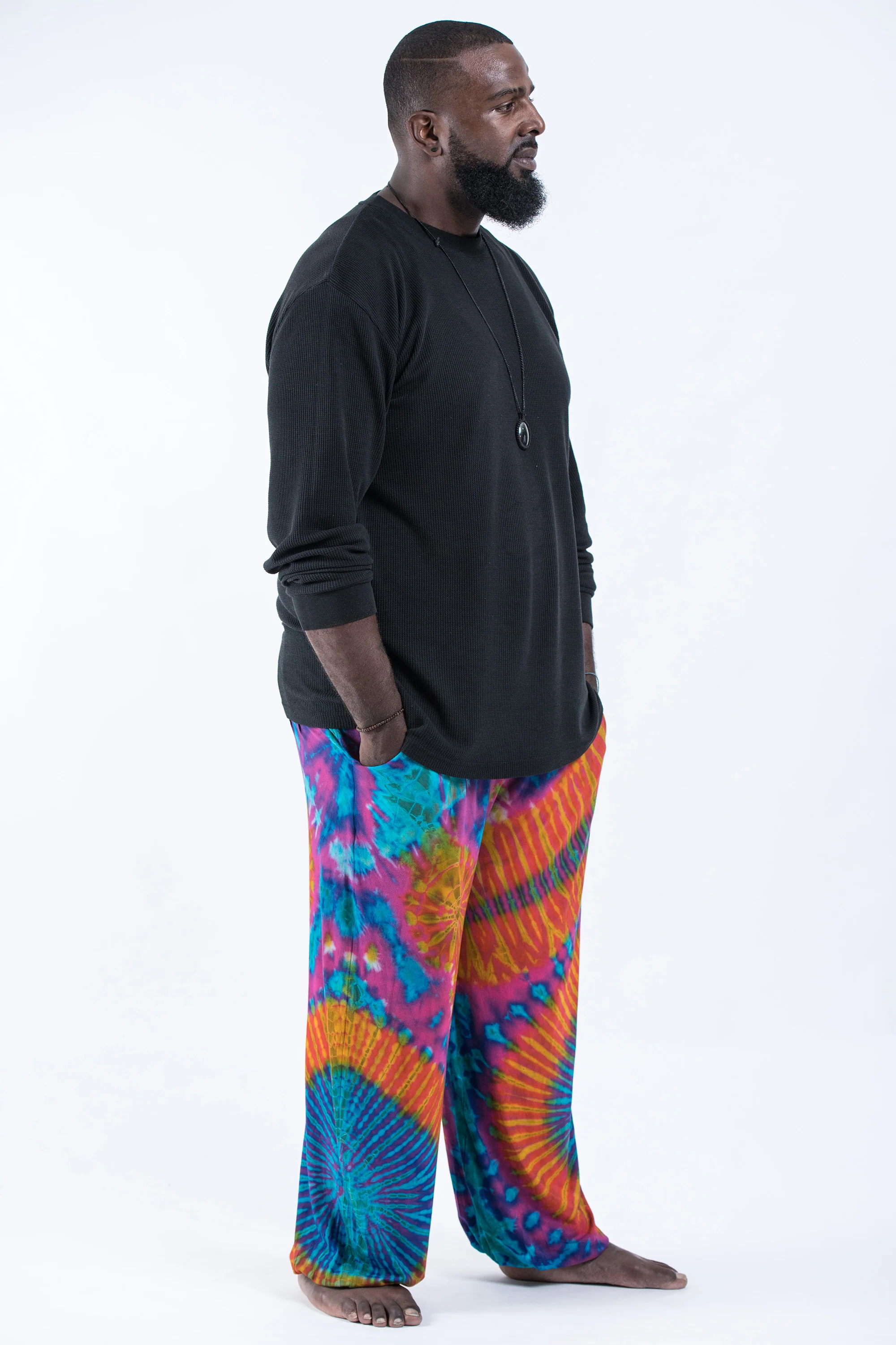 Plus Size Soft Flex Mens Tie Dye Harem Pants in Blue Orange - Image 3