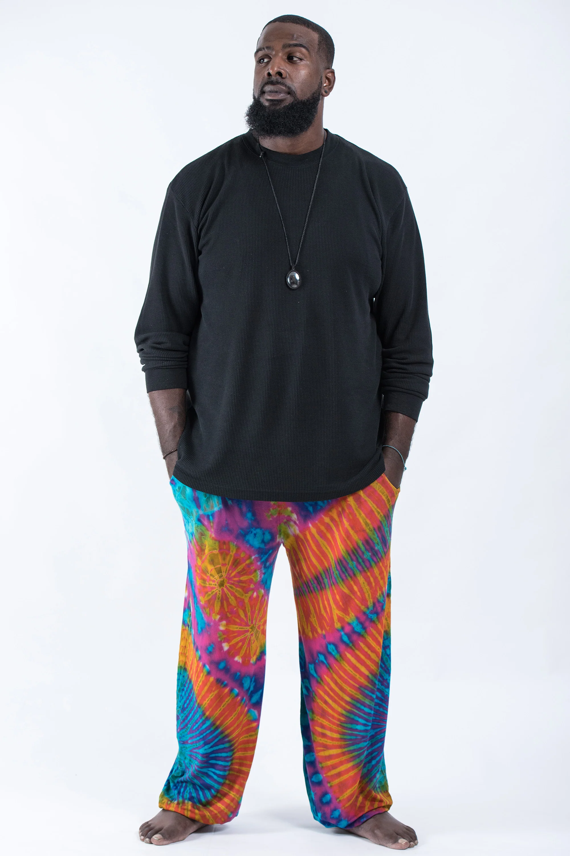 Plus Size Soft Flex Mens Tie Dye Harem Pants in Blue Orange - Image 4