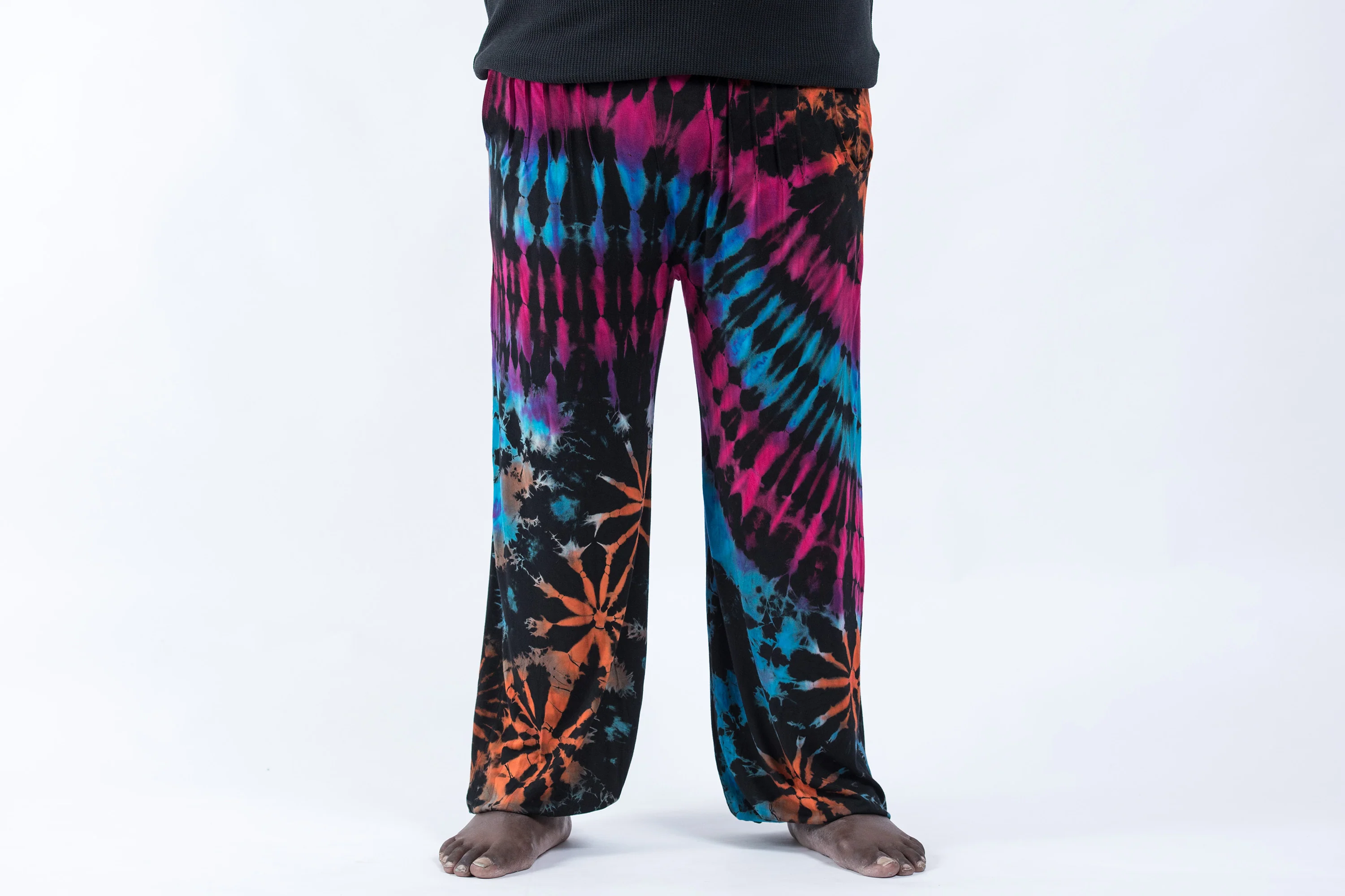 Plus Size Soft Flex Mens Tie Dye Harem Pants in Festival Black - Image 2