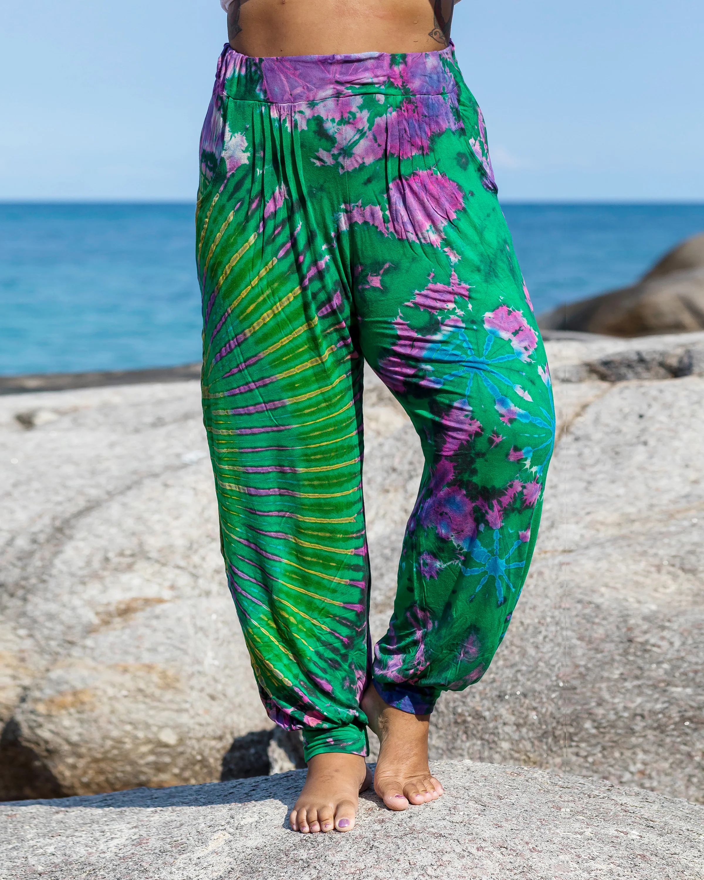 Plus Size Soft Flex Mens Tie Dye Harem Pants in Green