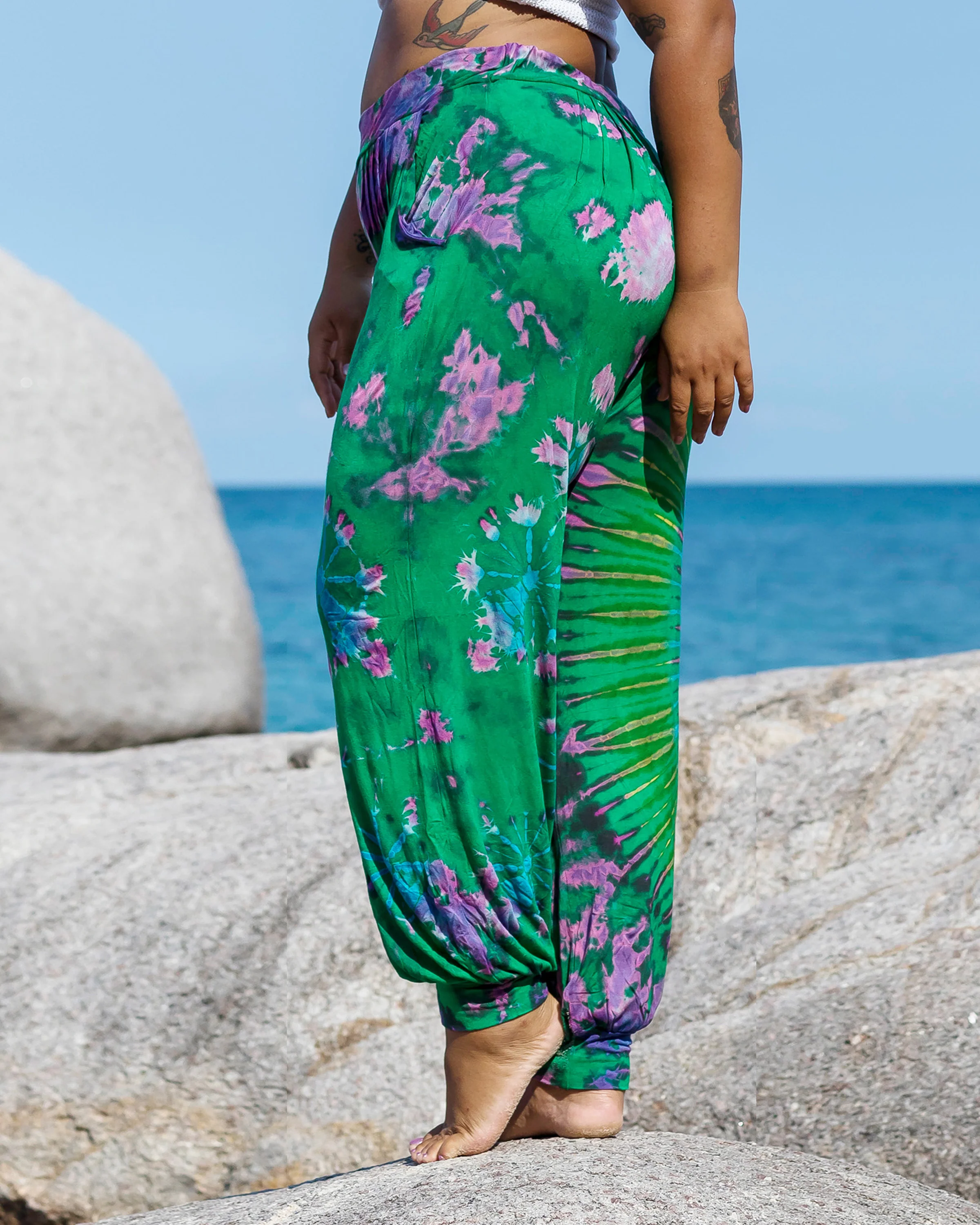 Plus Size Soft Flex Mens Tie Dye Harem Pants in Green - Image 2
