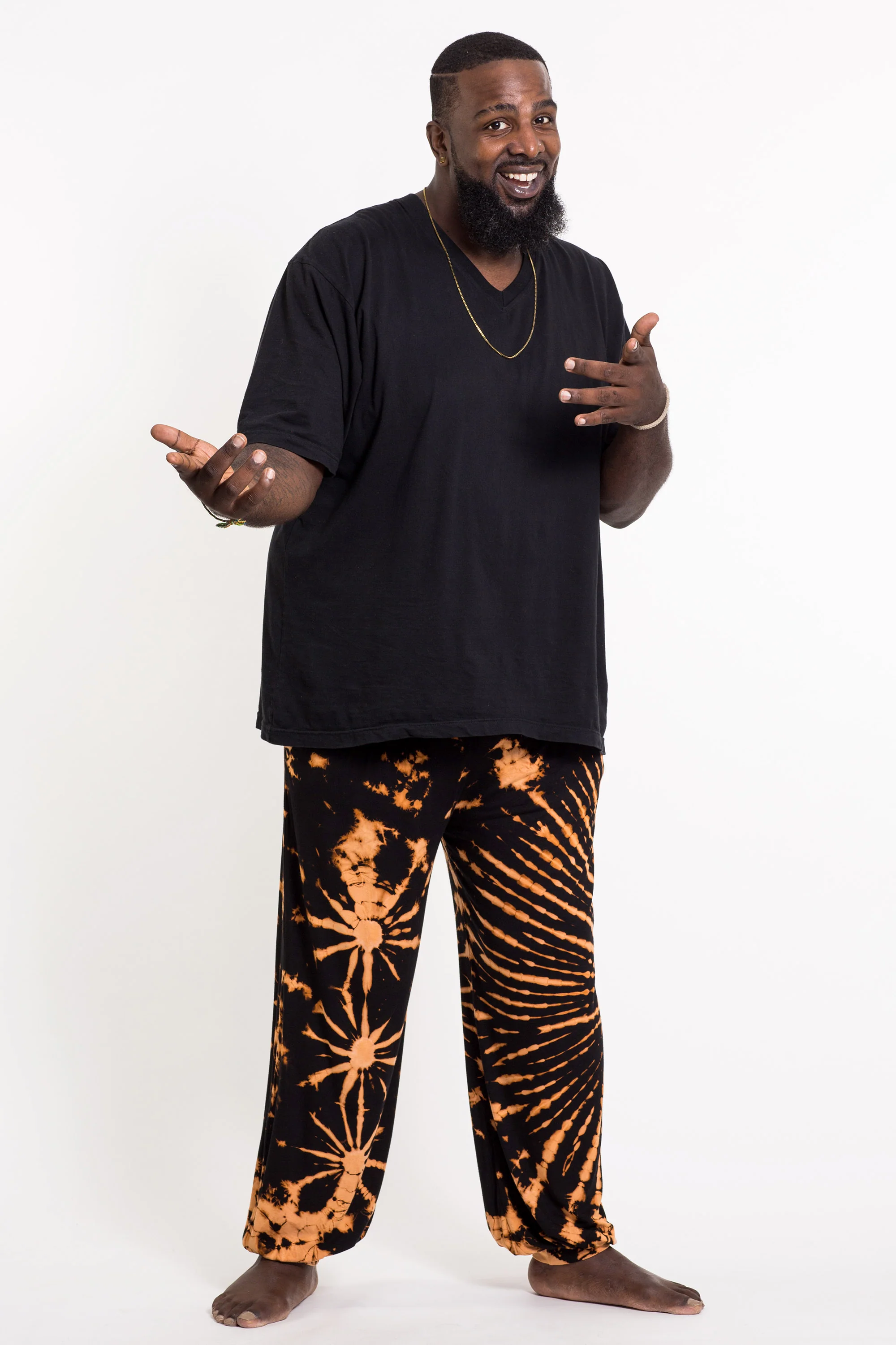 Plus Size Soft Flex Mens Tie Dye Harem Pants in Orange Black