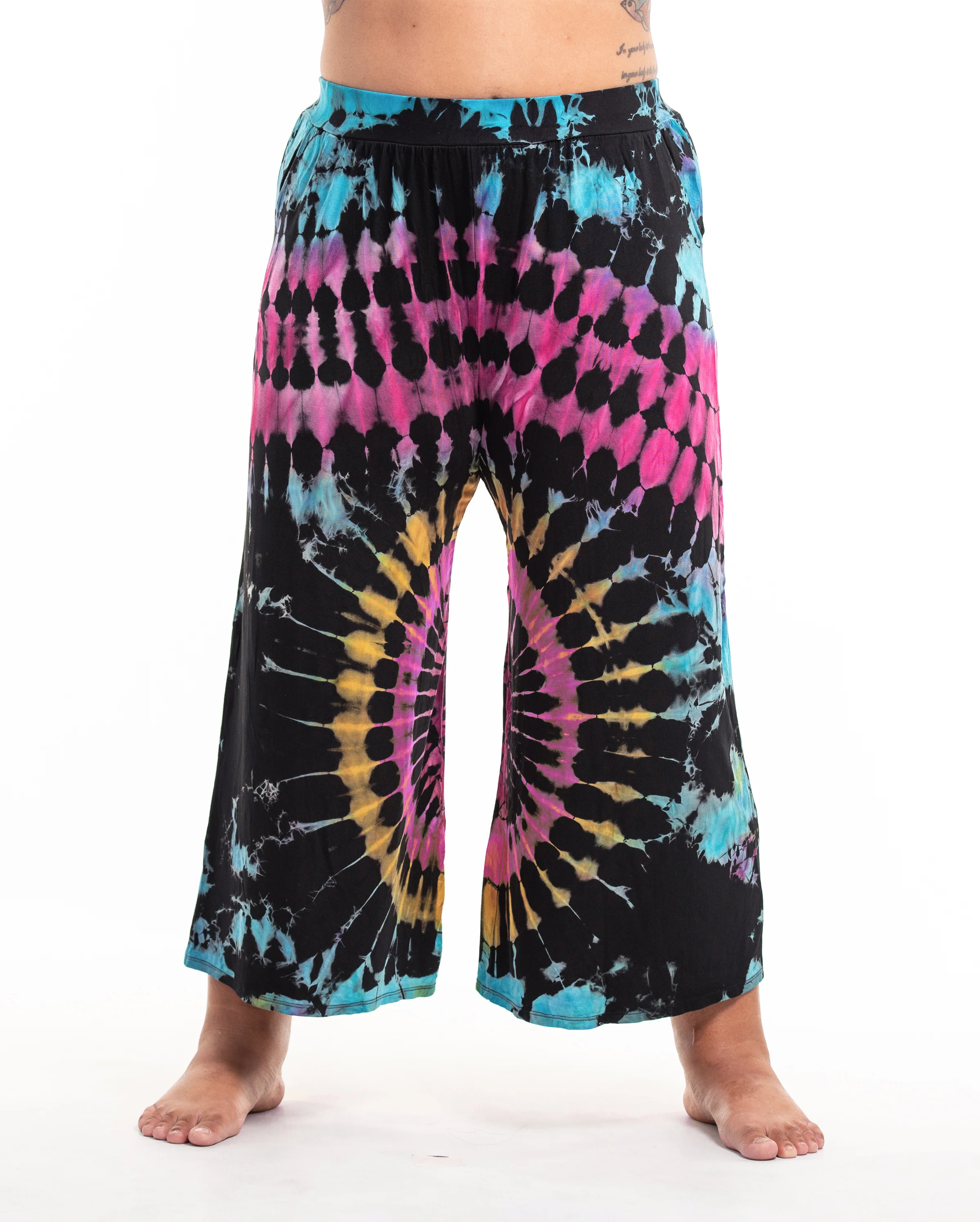 Plus Size Soft Flex Tie Dye Wide Leg Pants in Black Turquoise - Image 3