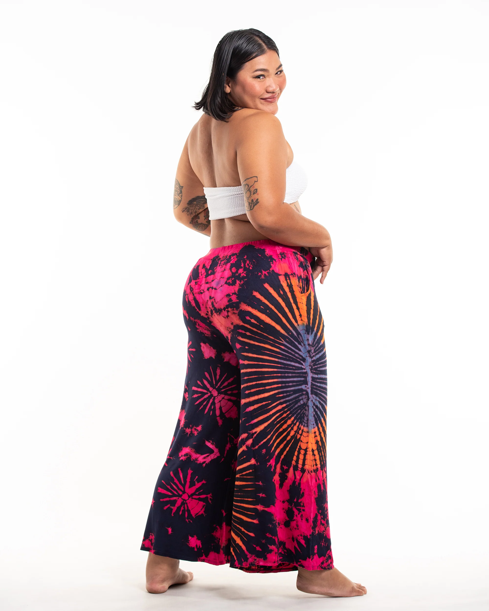 Plus Size Soft Flex Tie Dye Wide Leg Pants in Navy Pink - Image 3