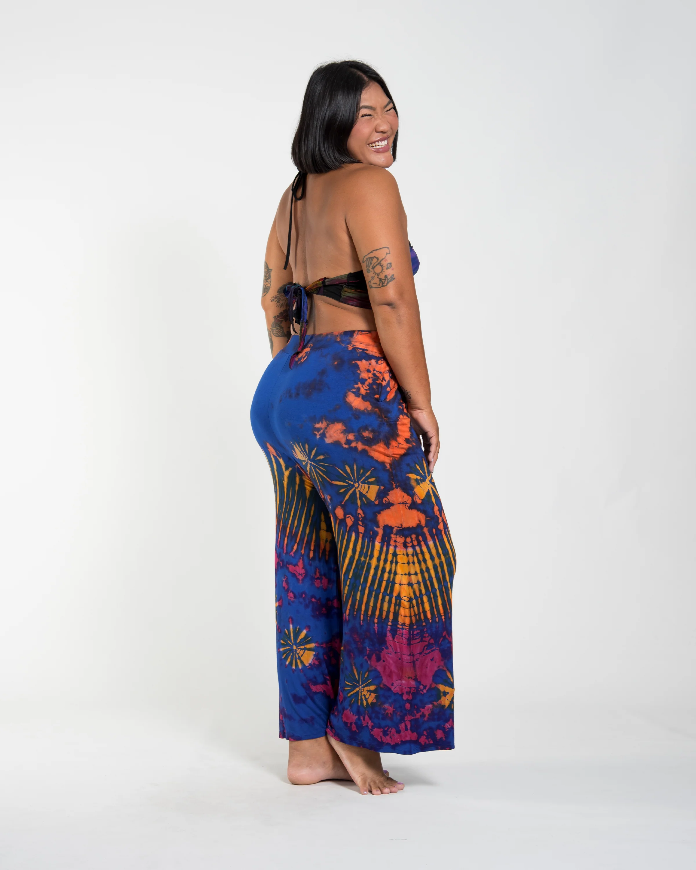 Plus Size Soft Flex Tie Dye Wide Leg Pants in Royal Blue - Image 3