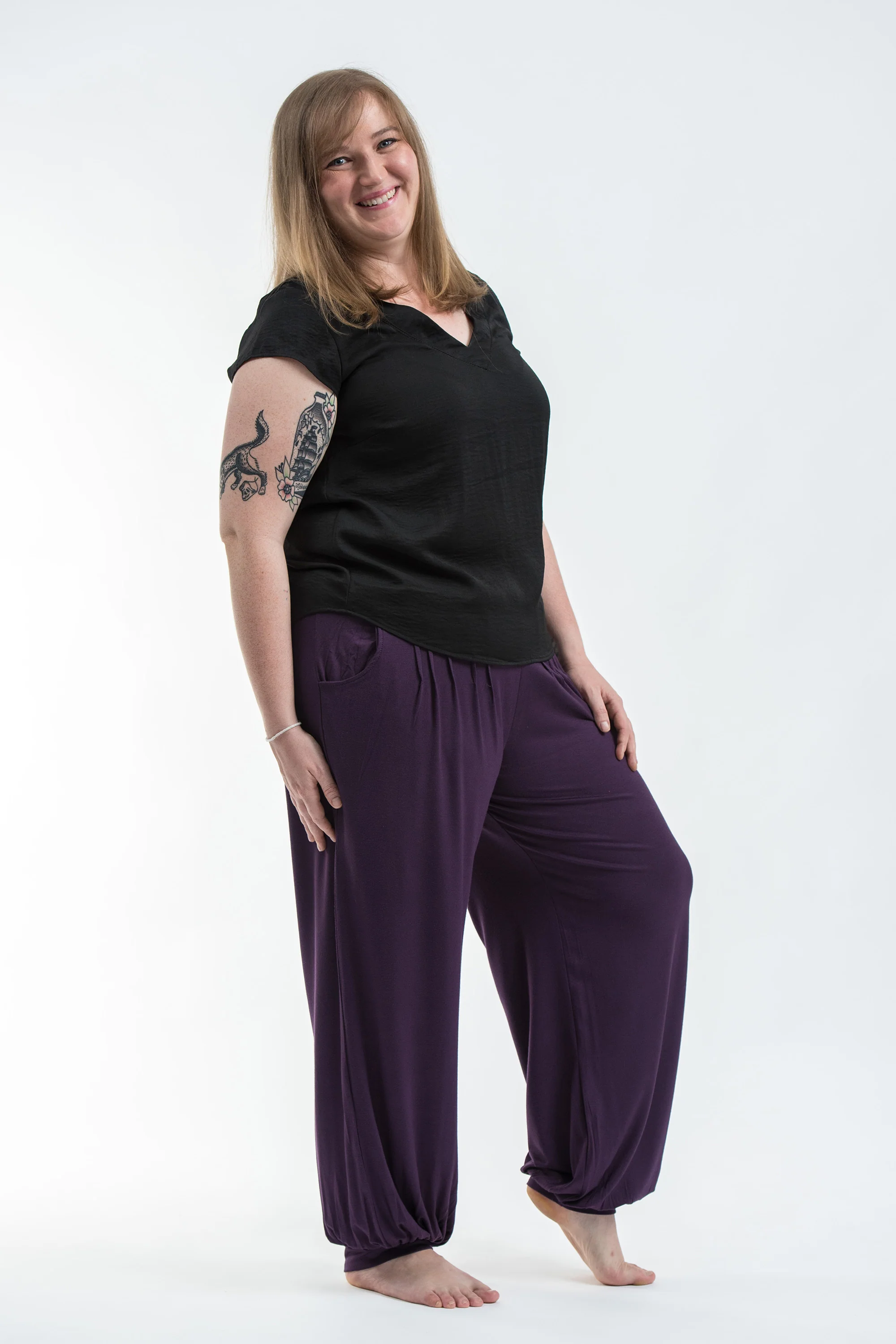 Plus Size Soft Flex Womens Harem Pants in Solid Purple - Image 3