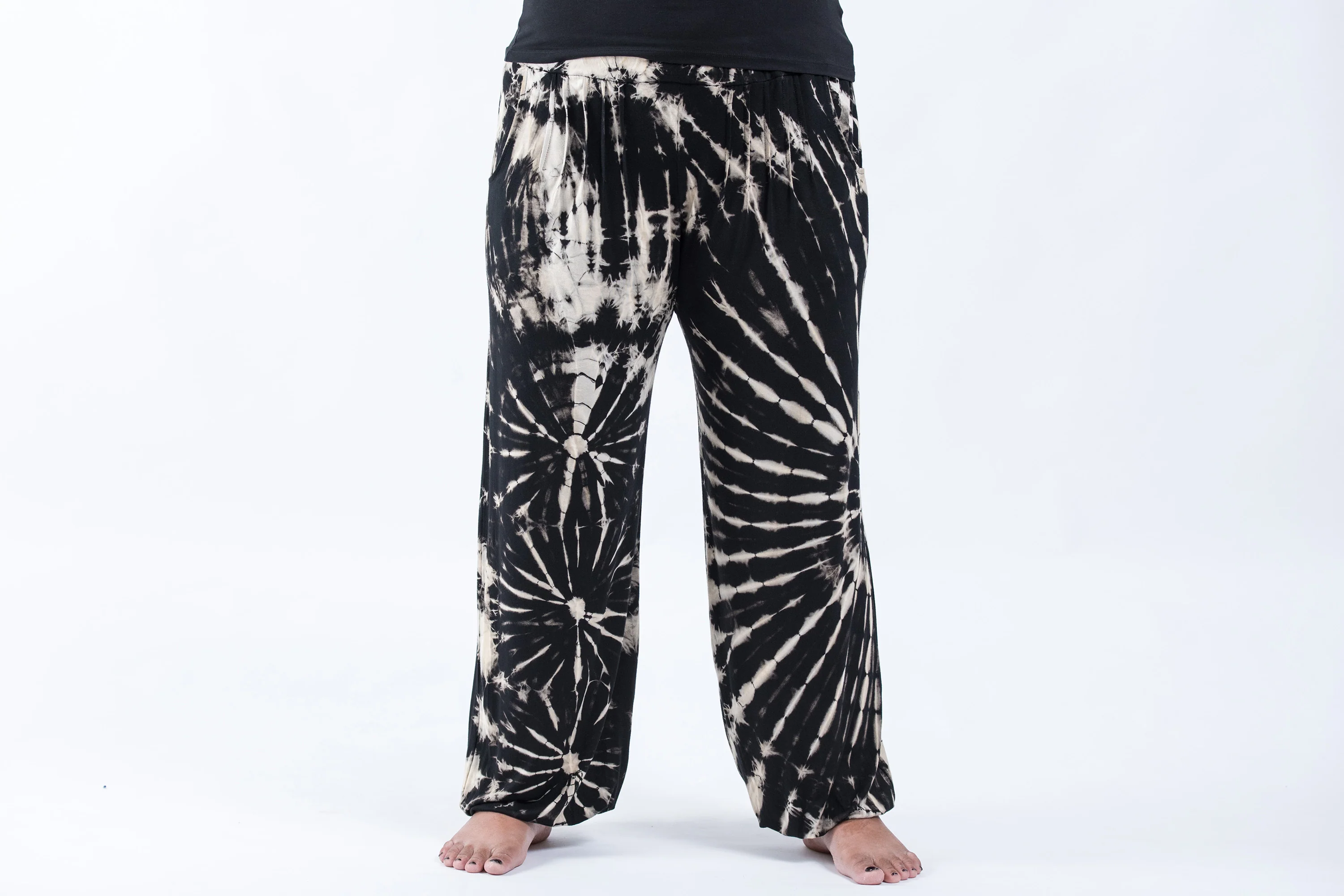 Plus Size Soft Flex Womens Tie Dye Harem Pants in Black and White - Image 2