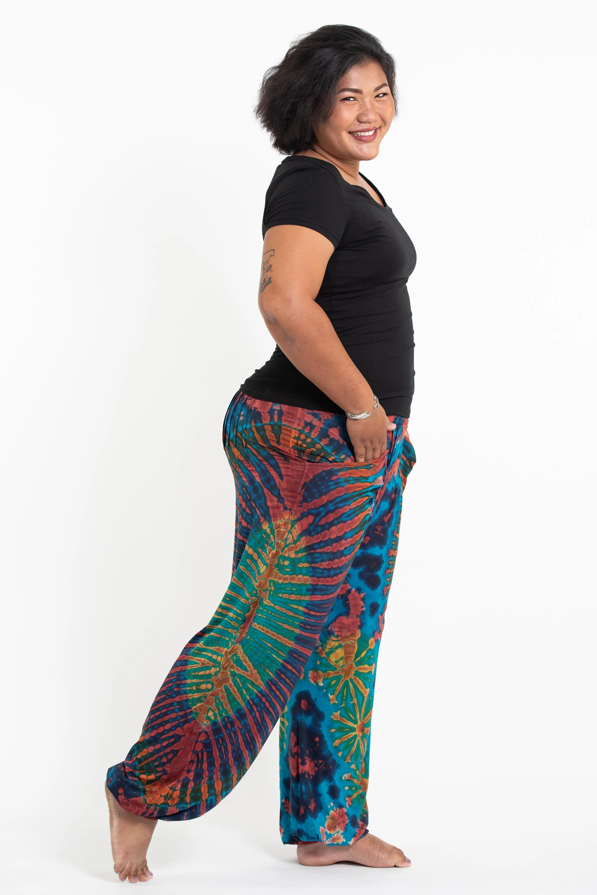 Plus Size Soft Flex Womens Tie Dye Harem Pants in Blue Rainbow - Image 3