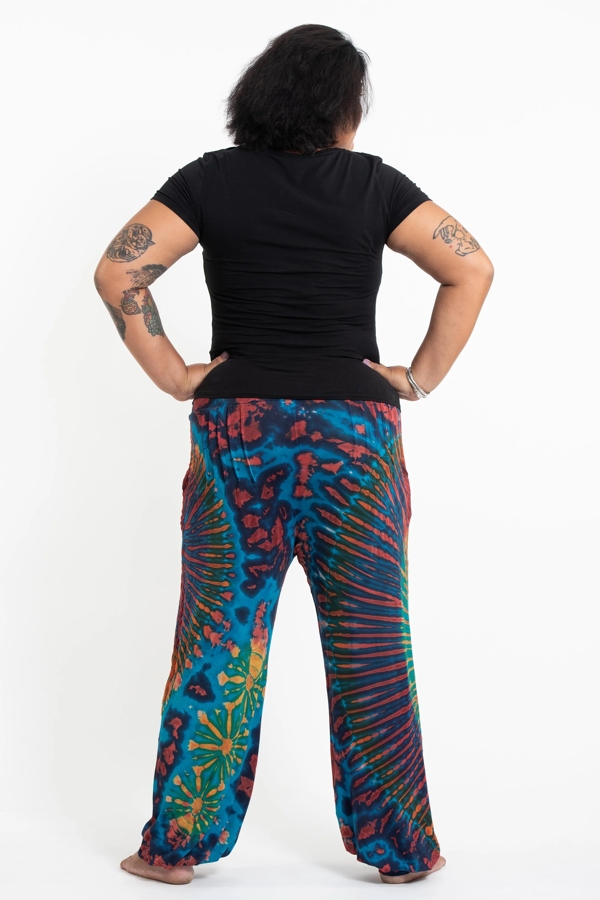 Plus Size Soft Flex Womens Tie Dye Harem Pants in Blue Rainbow - Image 4