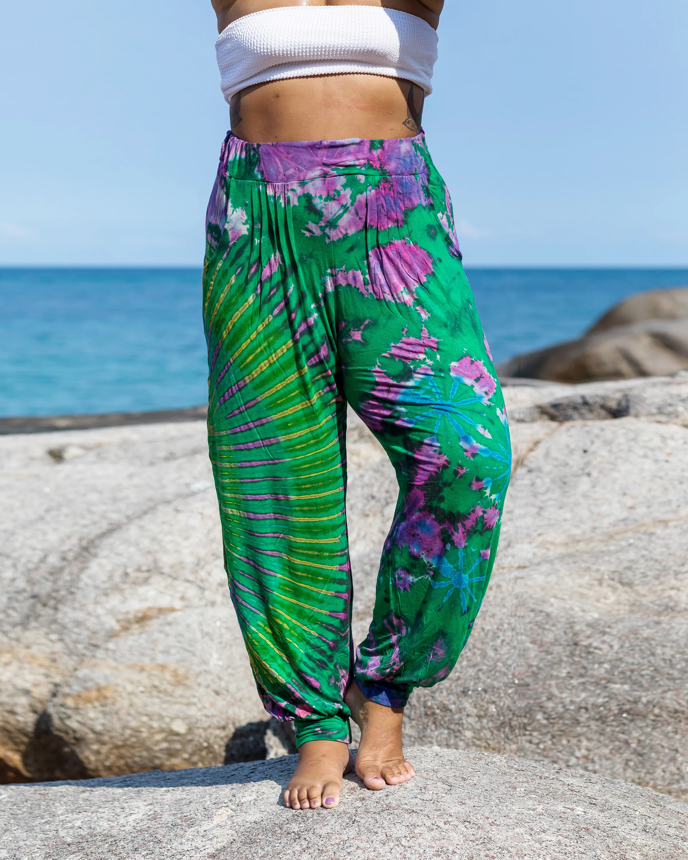 Plus Size Soft Flex Womens Tie Dye Harem Pants in Green - Image 2