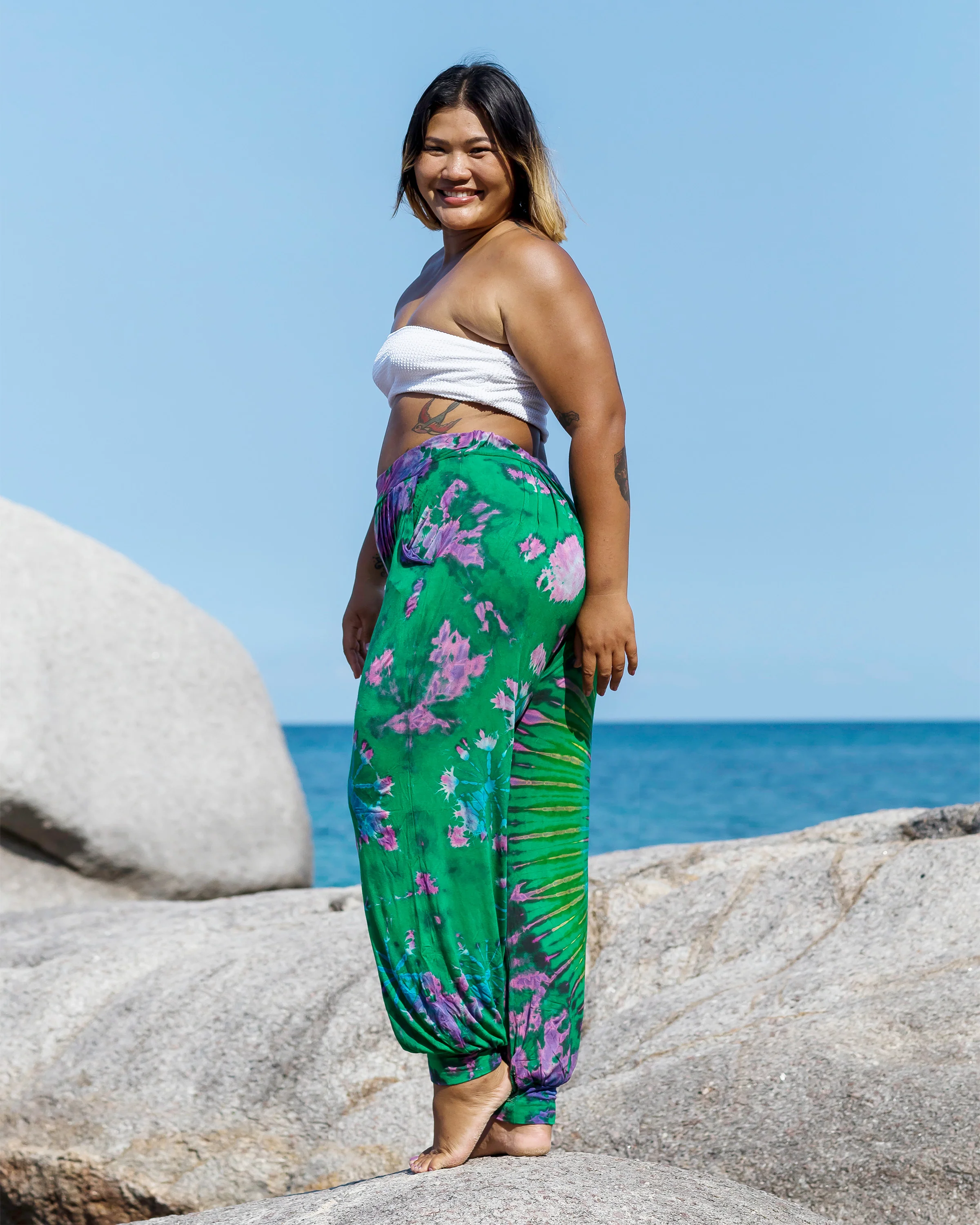 Plus Size Soft Flex Womens Tie Dye Harem Pants in Green - Image 4
