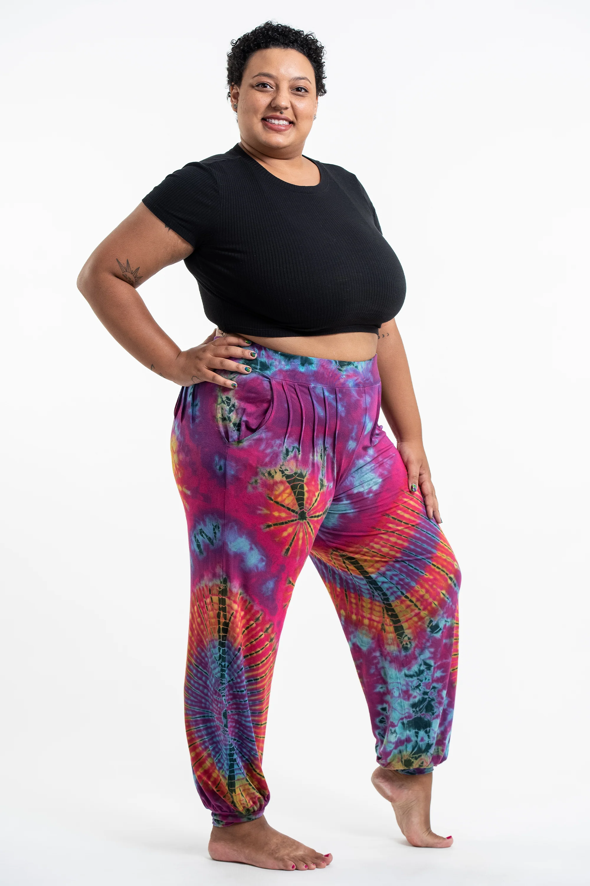 Plus Size Soft Flex Womens Tie Dye Harem Pants in Pink - Image 3
