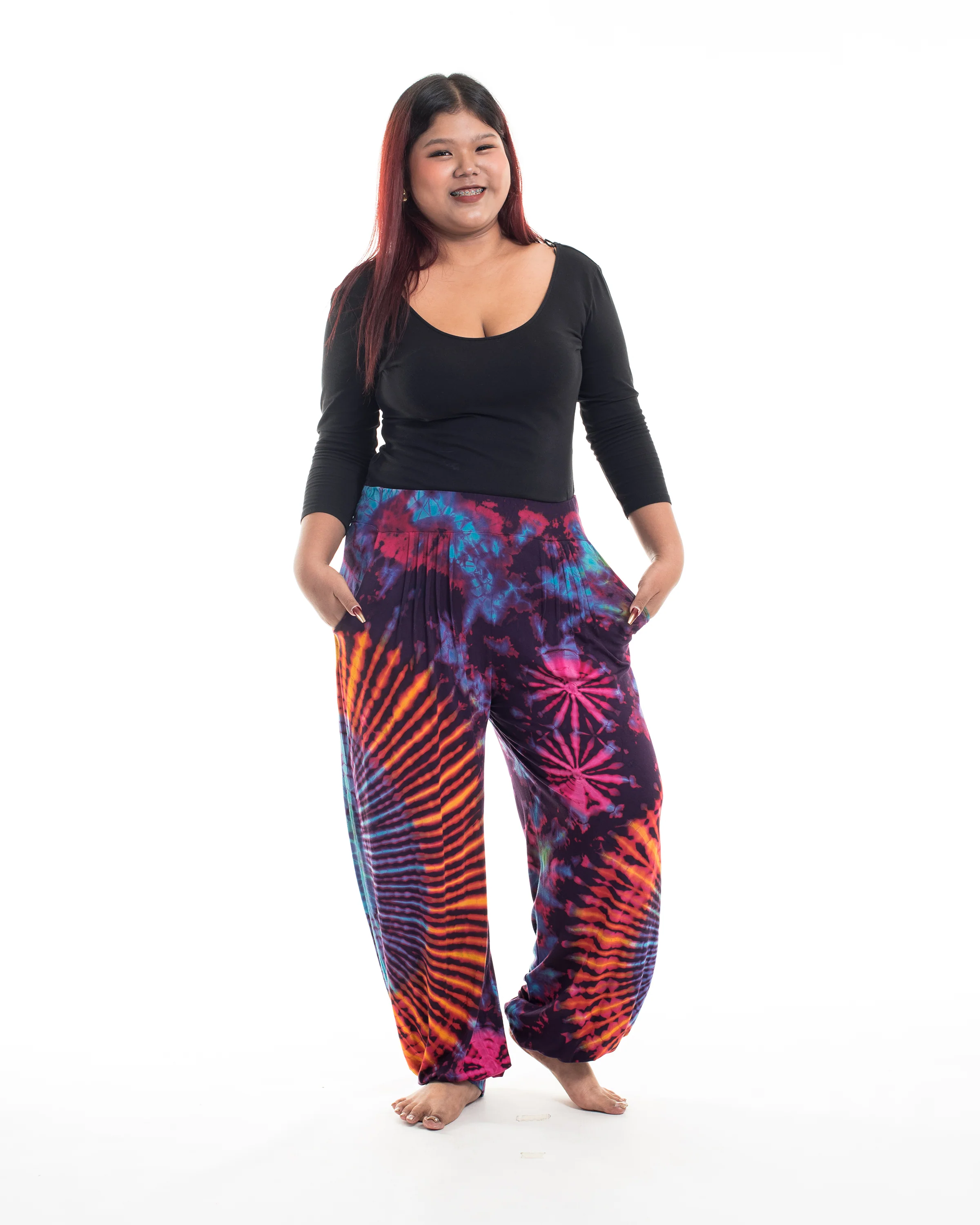 Plus Size Soft Flex Womens Tie Dye Harem Pants in Purple