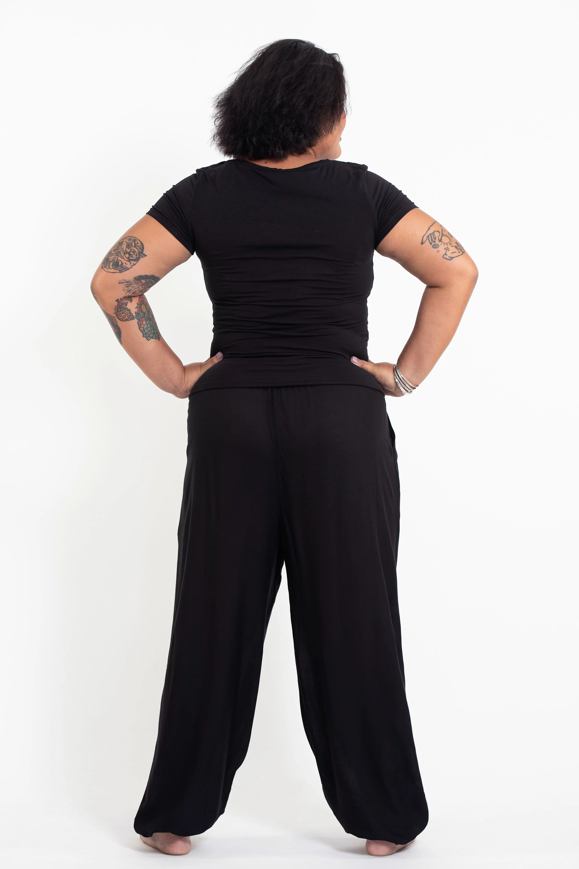 Plus Size Solid Color Drawstring Women's Yoga Massage Pants in Black - Image 4