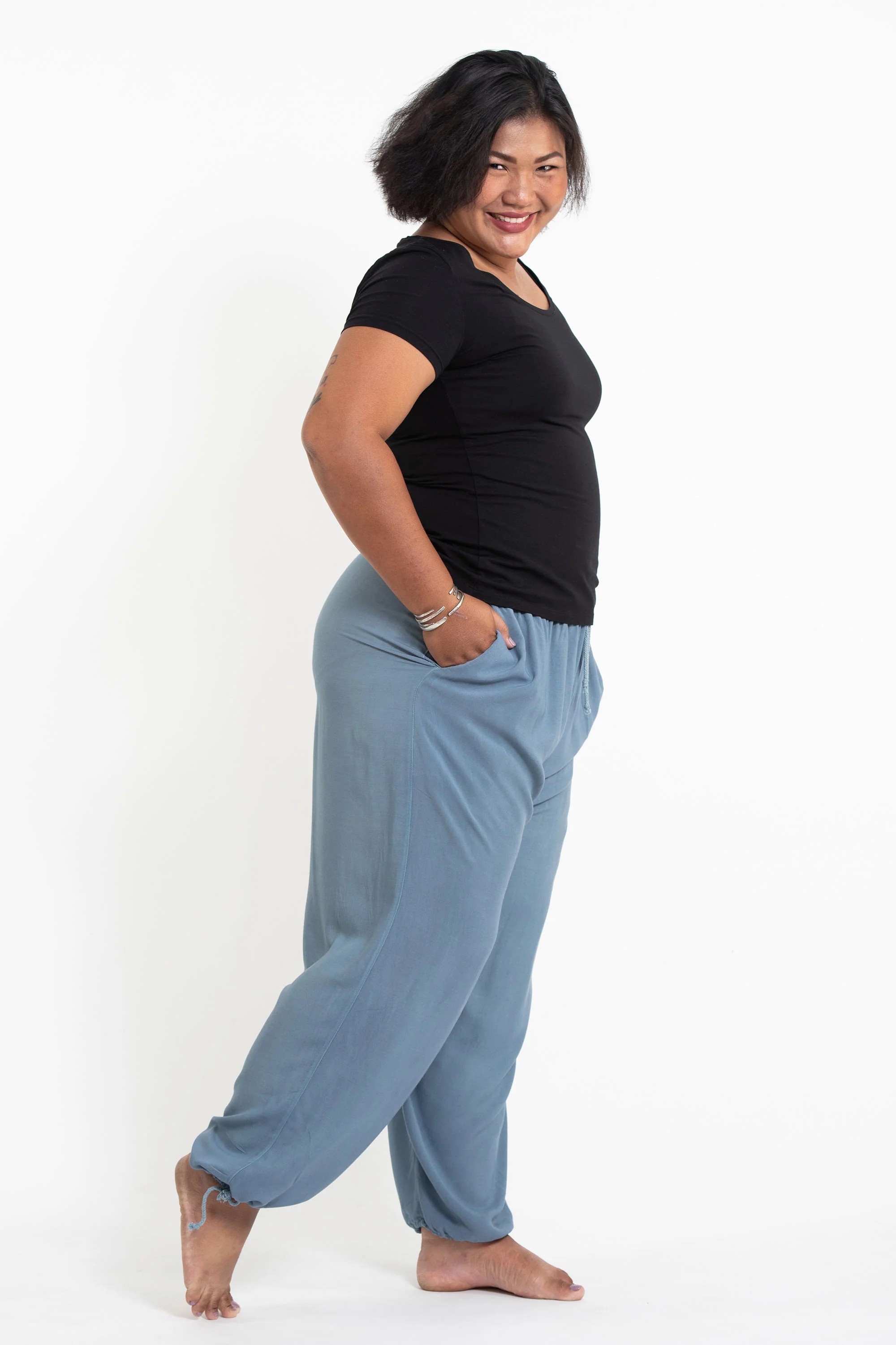 Plus Size Solid Color Drawstring Women's Yoga Massage Pants in Blue Gray - Image 3