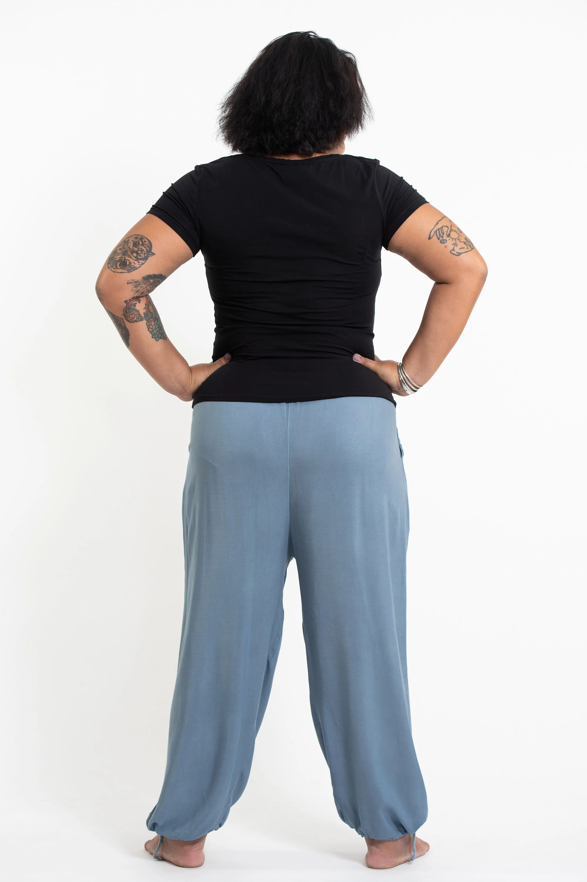 Plus Size Solid Color Drawstring Women's Yoga Massage Pants in Blue Gray - Image 4