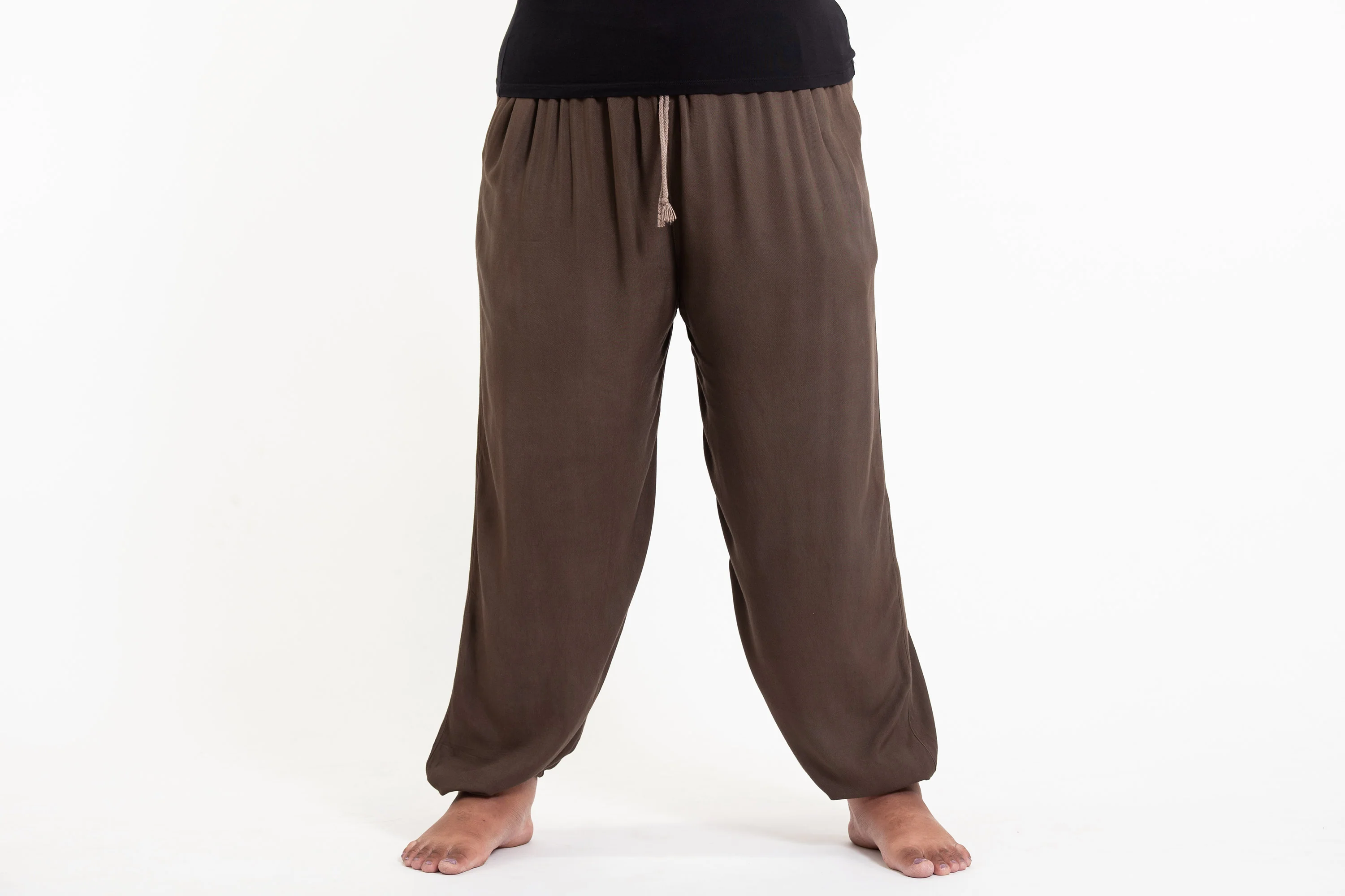 Plus Size Solid Color Drawstring Women's Yoga Massage Pants in Brown - Image 2