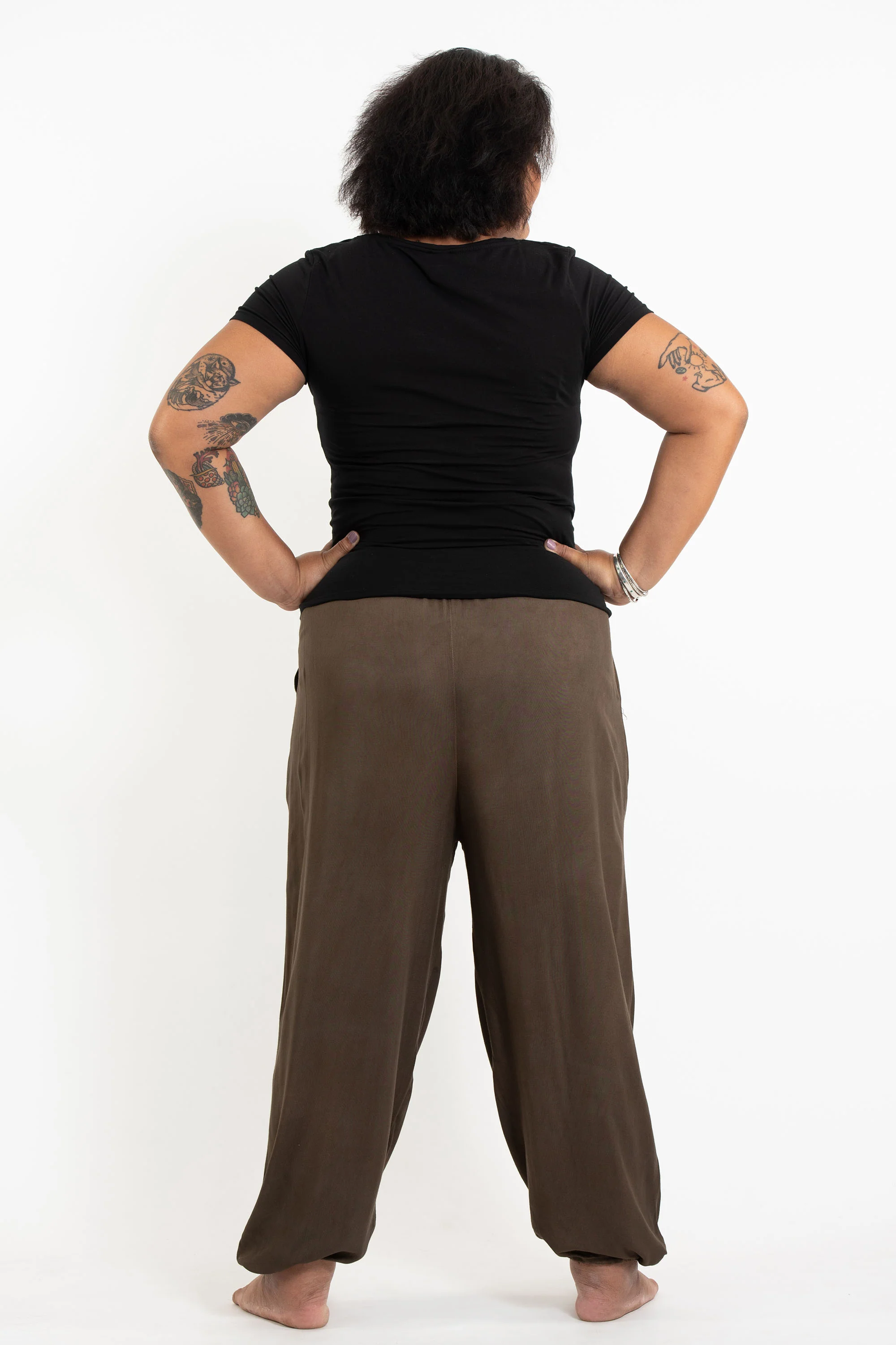 Plus Size Solid Color Drawstring Women's Yoga Massage Pants in Brown - Image 4