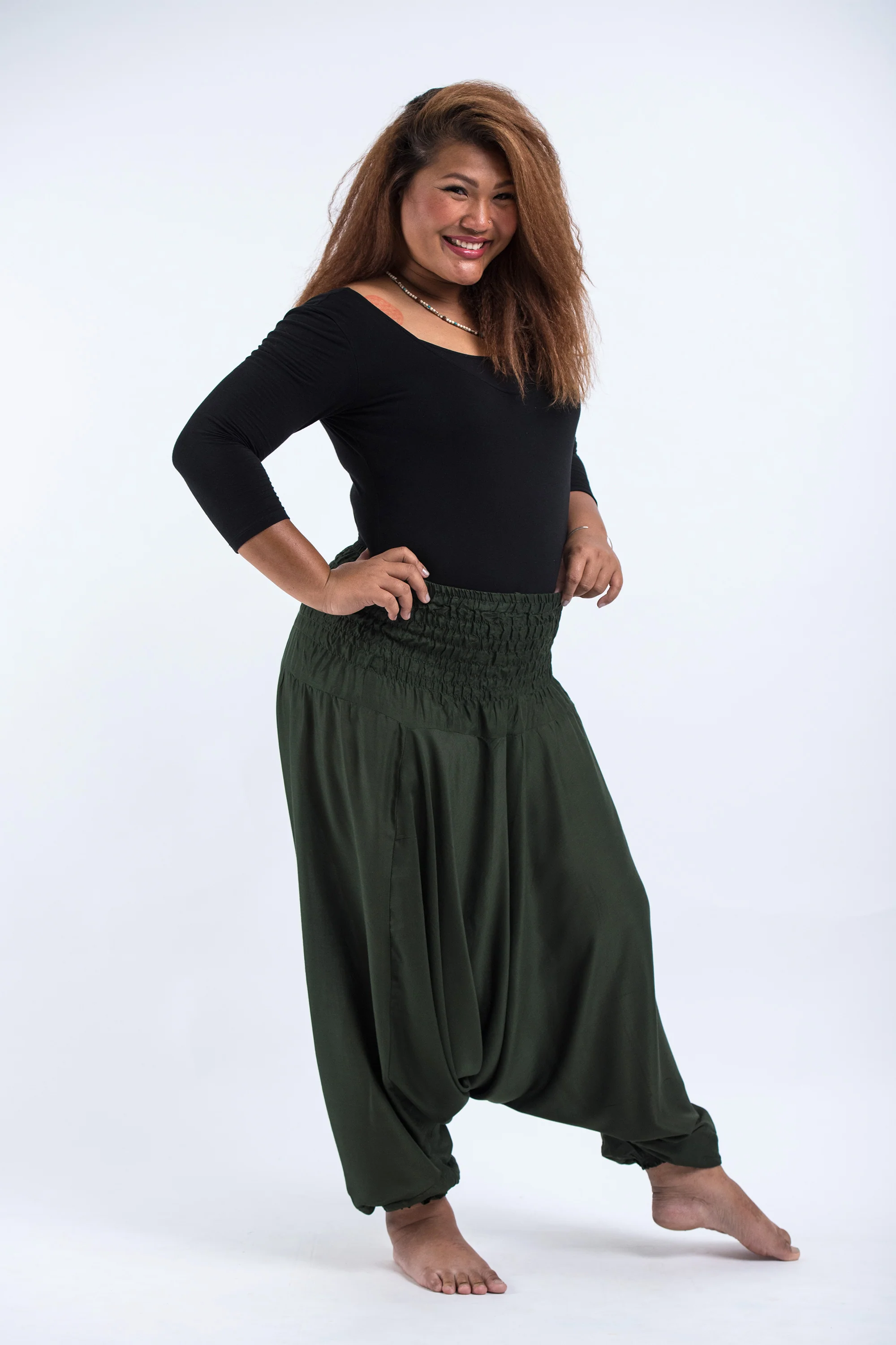 Plus Size Solid Color 2-in-1 Jumpsuit Harem Pants in Dark green - Image 3