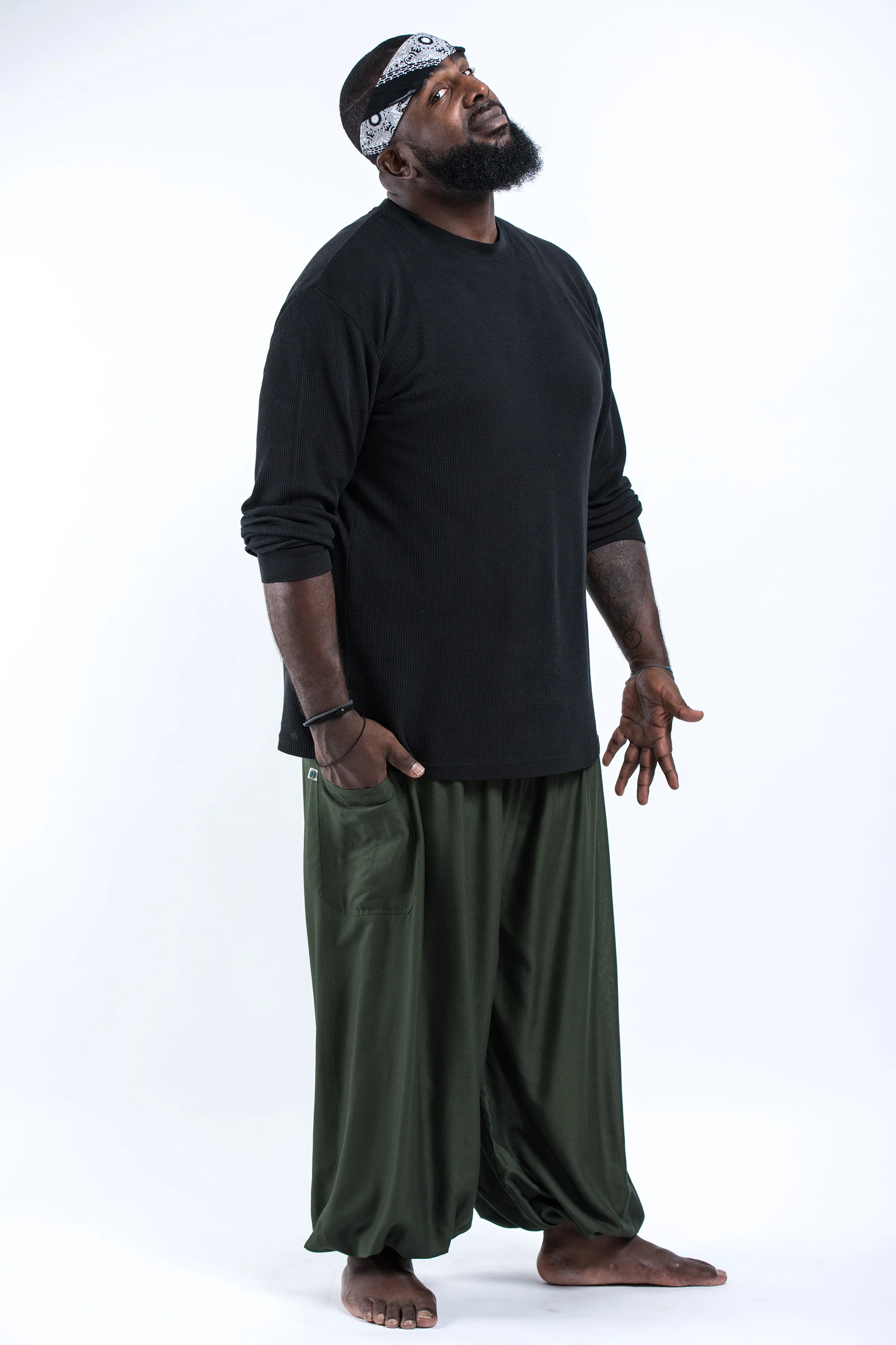 Plus Size Solid Color Men's Harem Pants in Dark Green - Image 3