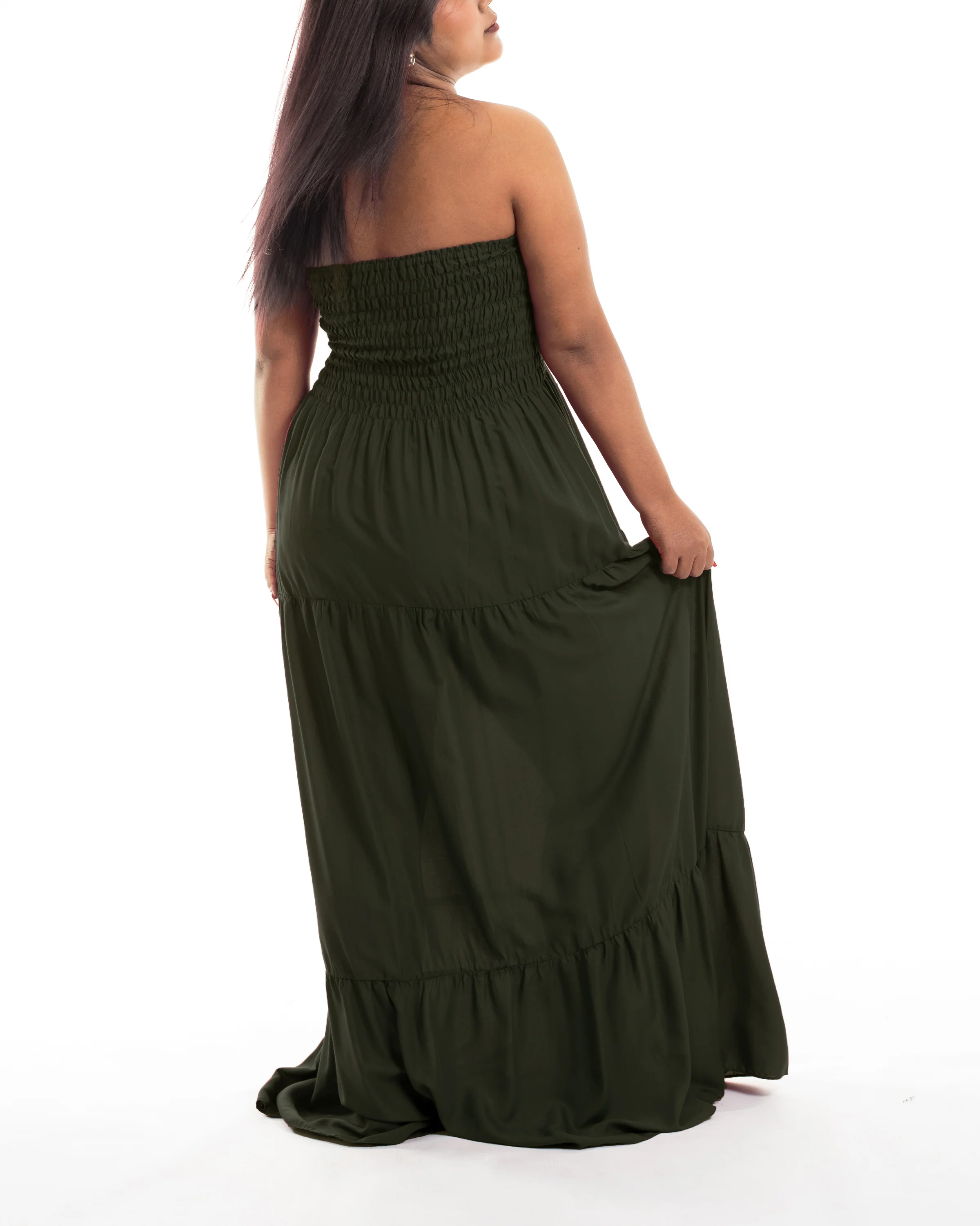 Plus Size Solid Color Smocked Maxi Dress in Dark Green - Image 3