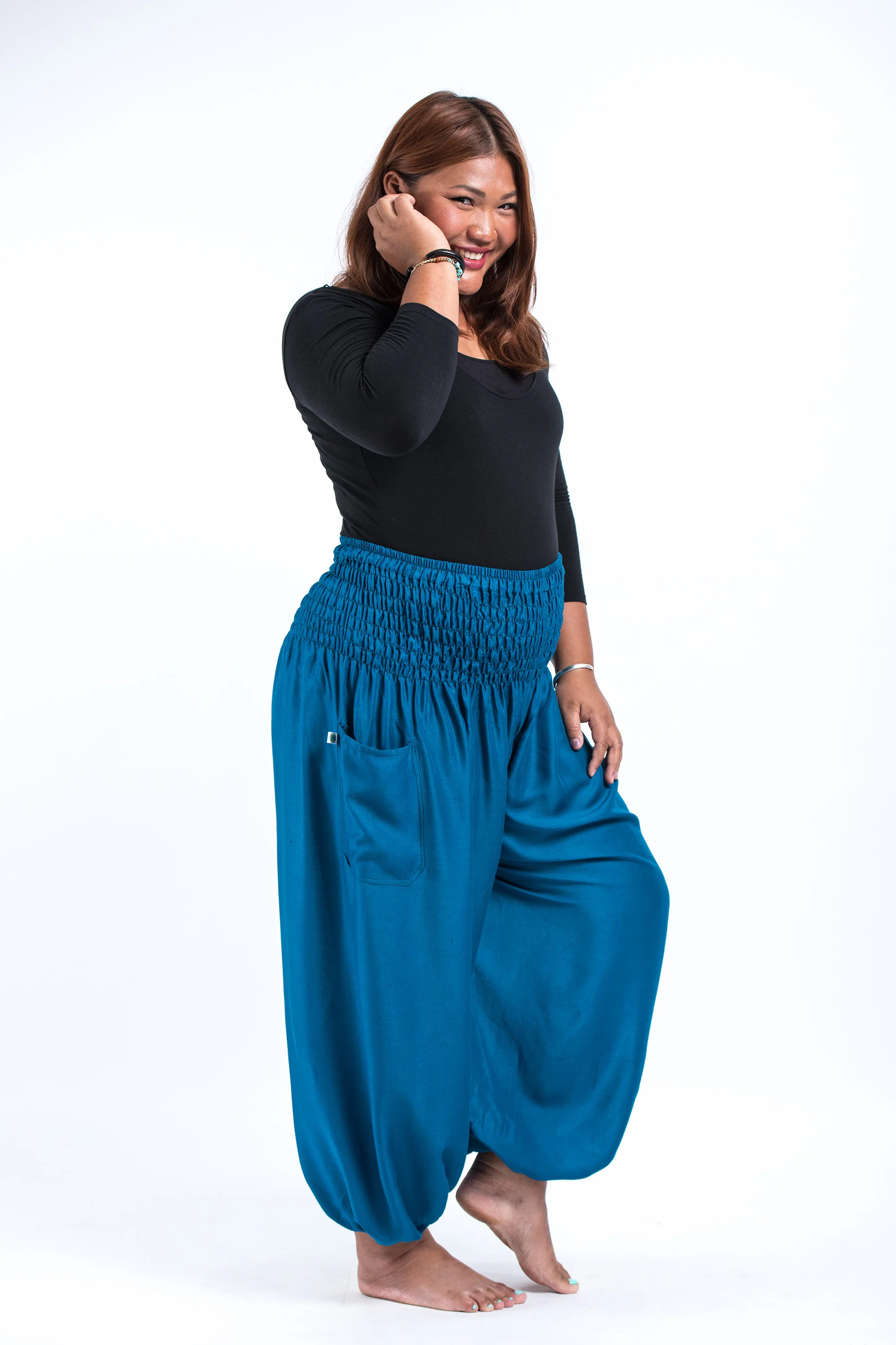 Plus Size Solid Color Women's Harem Pants in Aqua Blue - Image 3