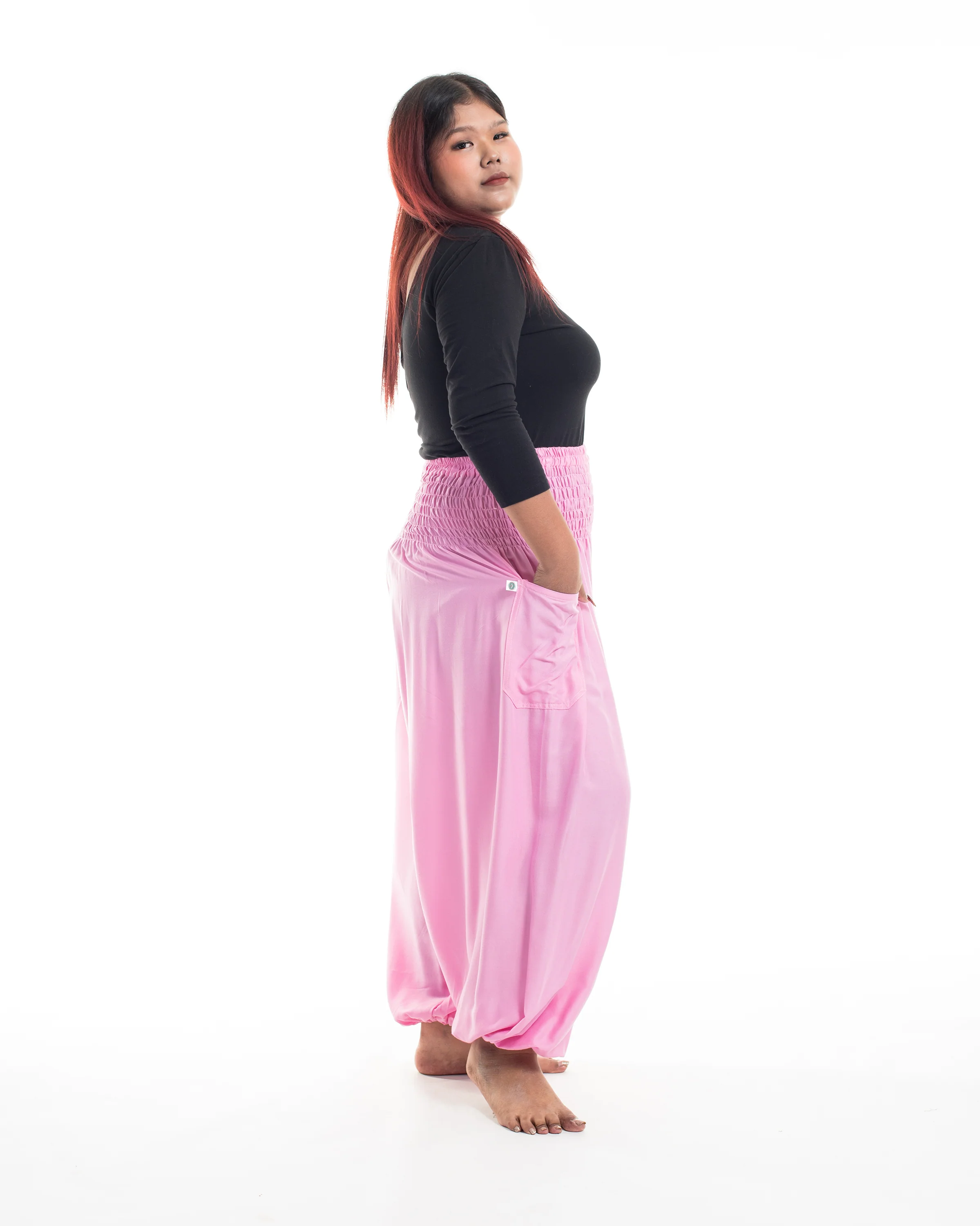 Plus Size Solid Color Women's Harem Pants in Light Pink - Image 3
