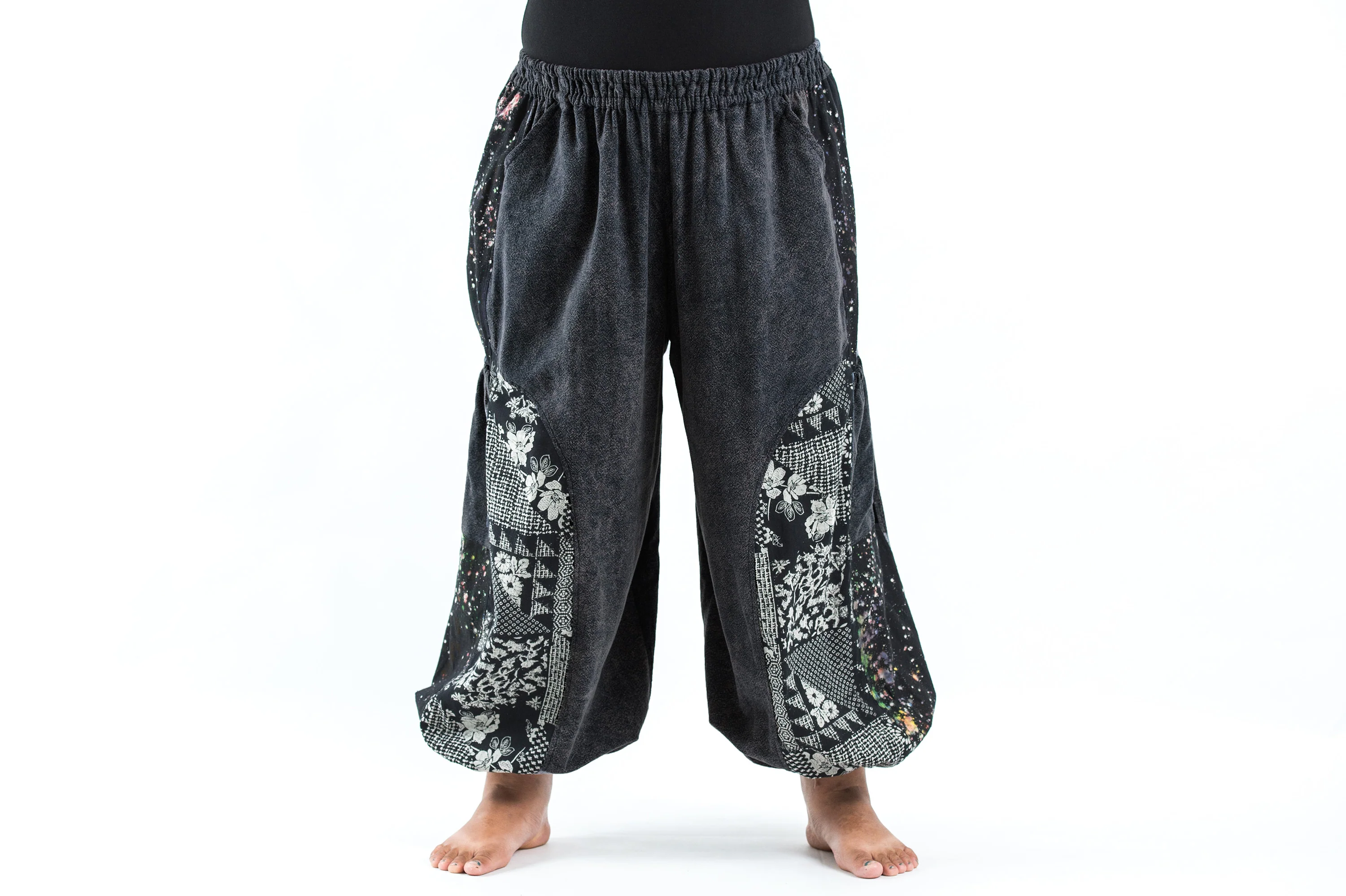 Plus Size Stone Washed Patchwork Women Unisex Pants in Black - Image 2