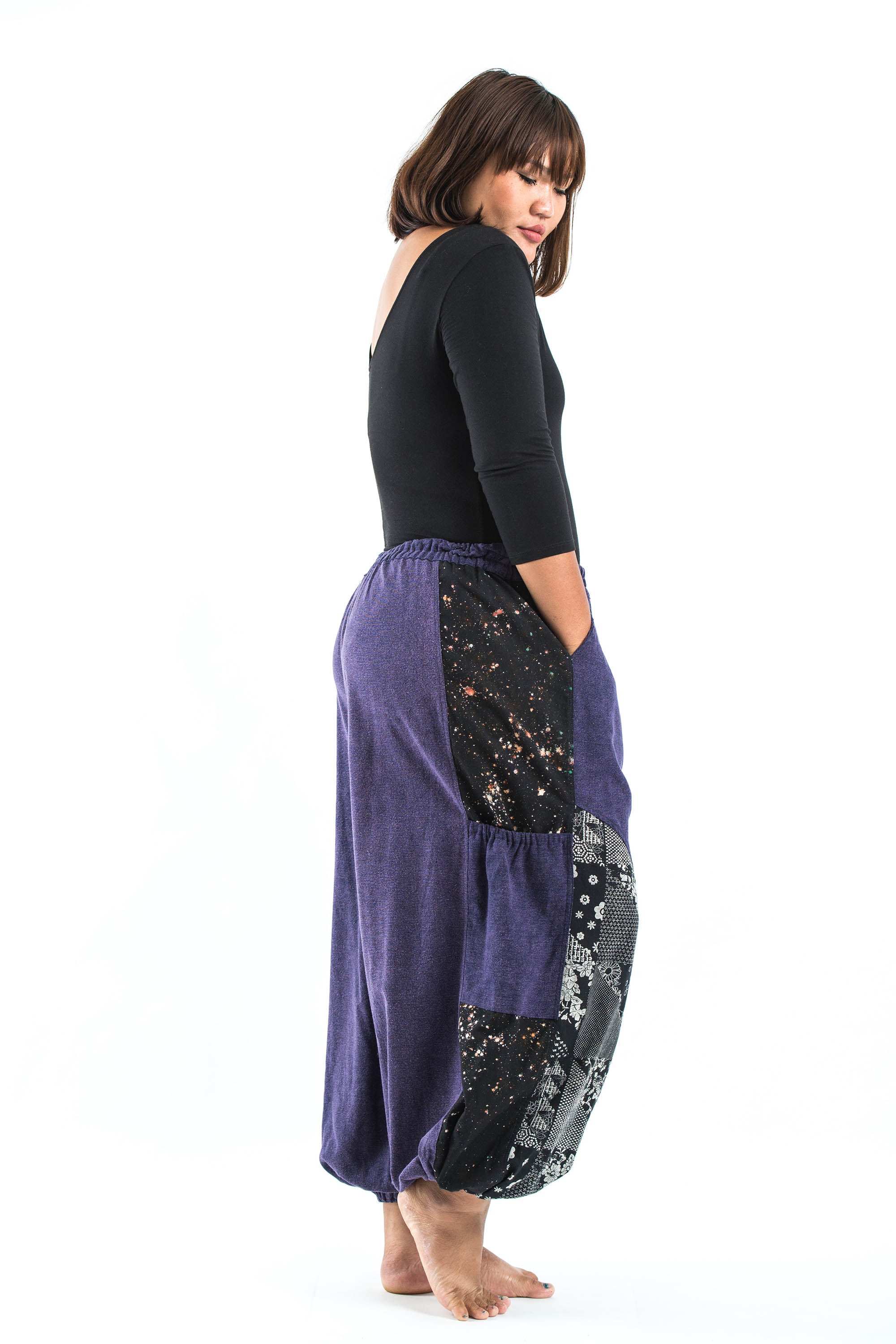 Plus Size Stone Washed Patchwork Women Unisex Pants in Blue - Image 3