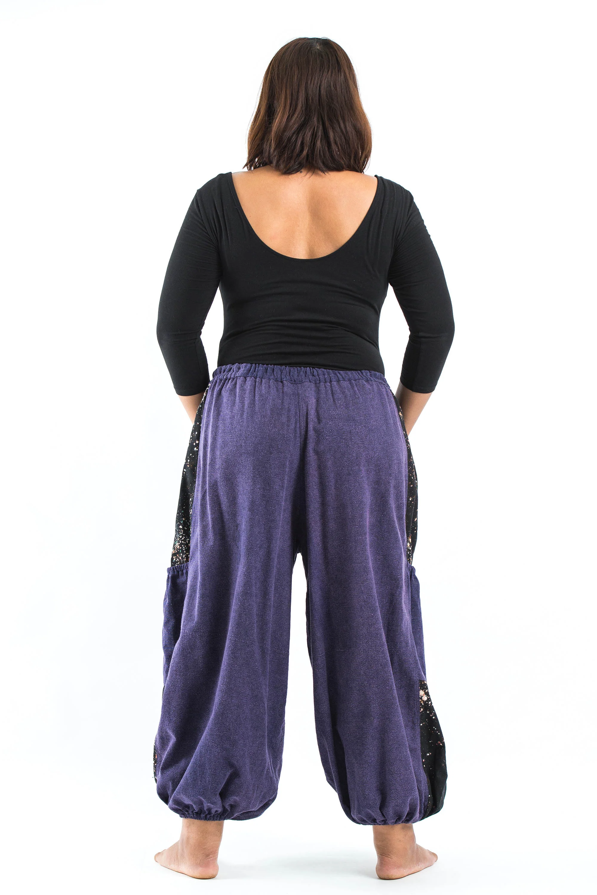 Plus Size Stone Washed Patchwork Women Unisex Pants in Blue - Image 4